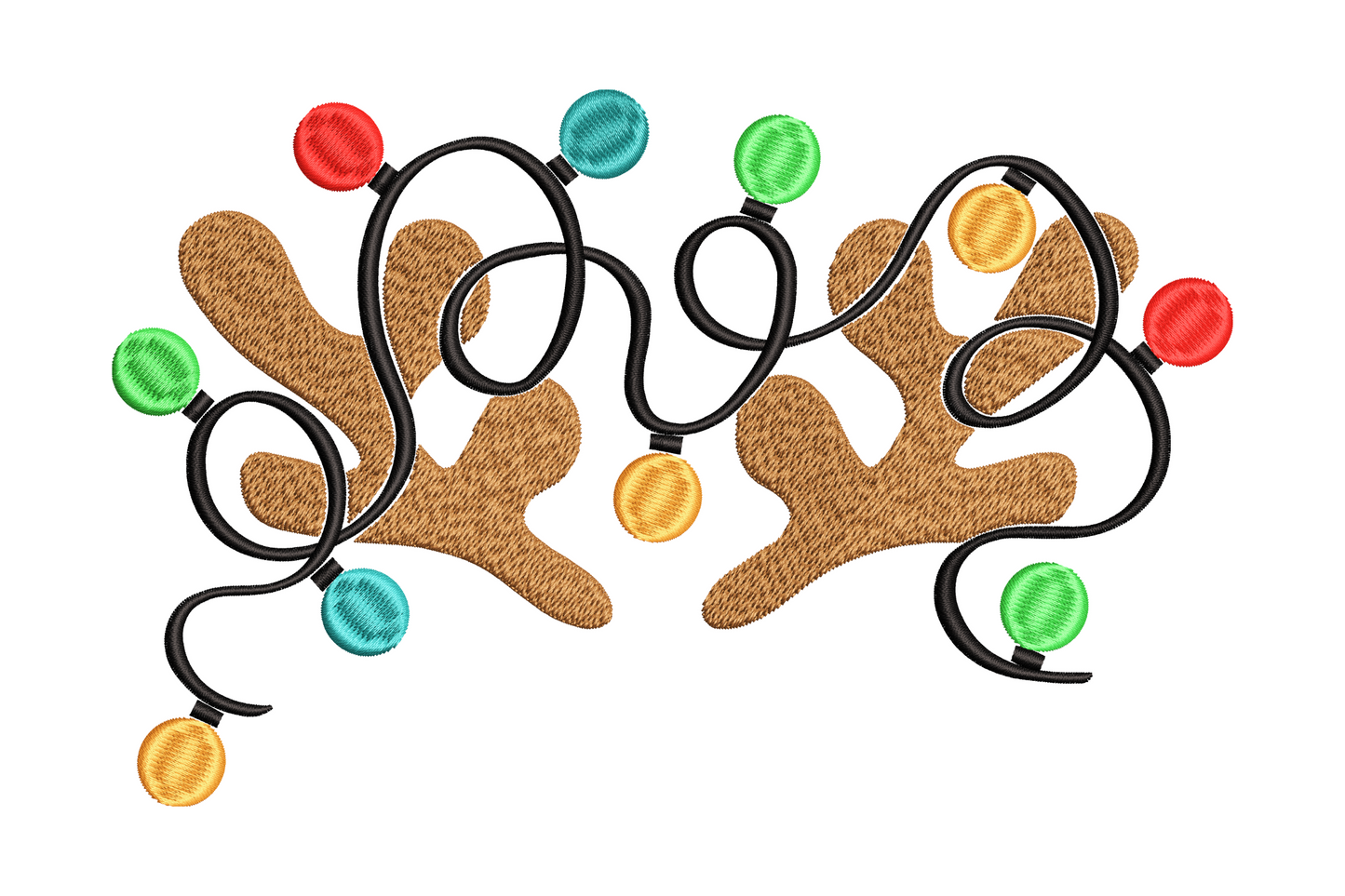 Reindeer antlers with looping Christmas string lights and six colored bulbs in red, green, teal and orange