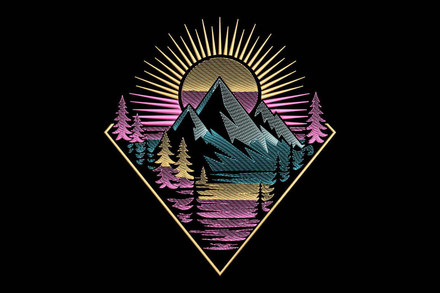Embroidered design of mountains and trees with a sunburst pattern
