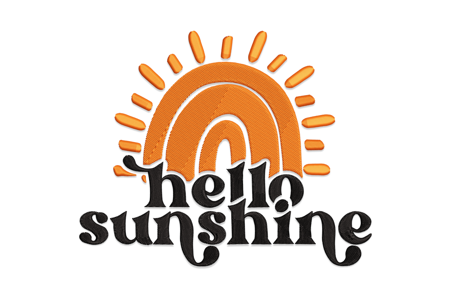 Retro rainbow sun quote embroidery design with spiky orange sun rays, concentric satin arch, and hello sunshine text in black retro serif.