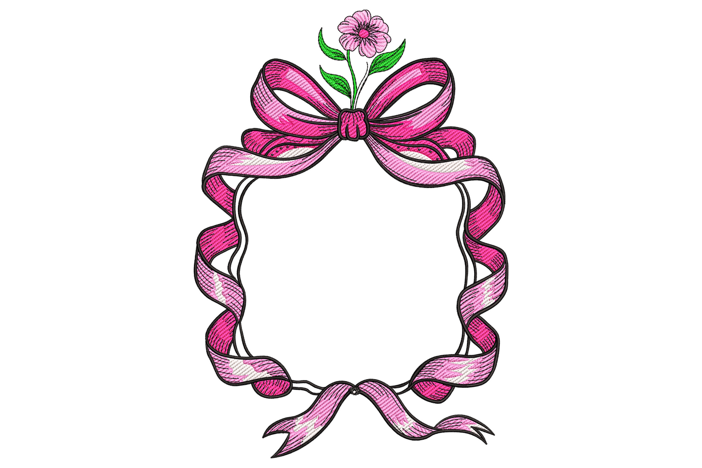 Ribbon floral frame embroidery design, corner ribbon bows, blush pink, sage green leaf stems, cream flower heads, open center for name or monogram.