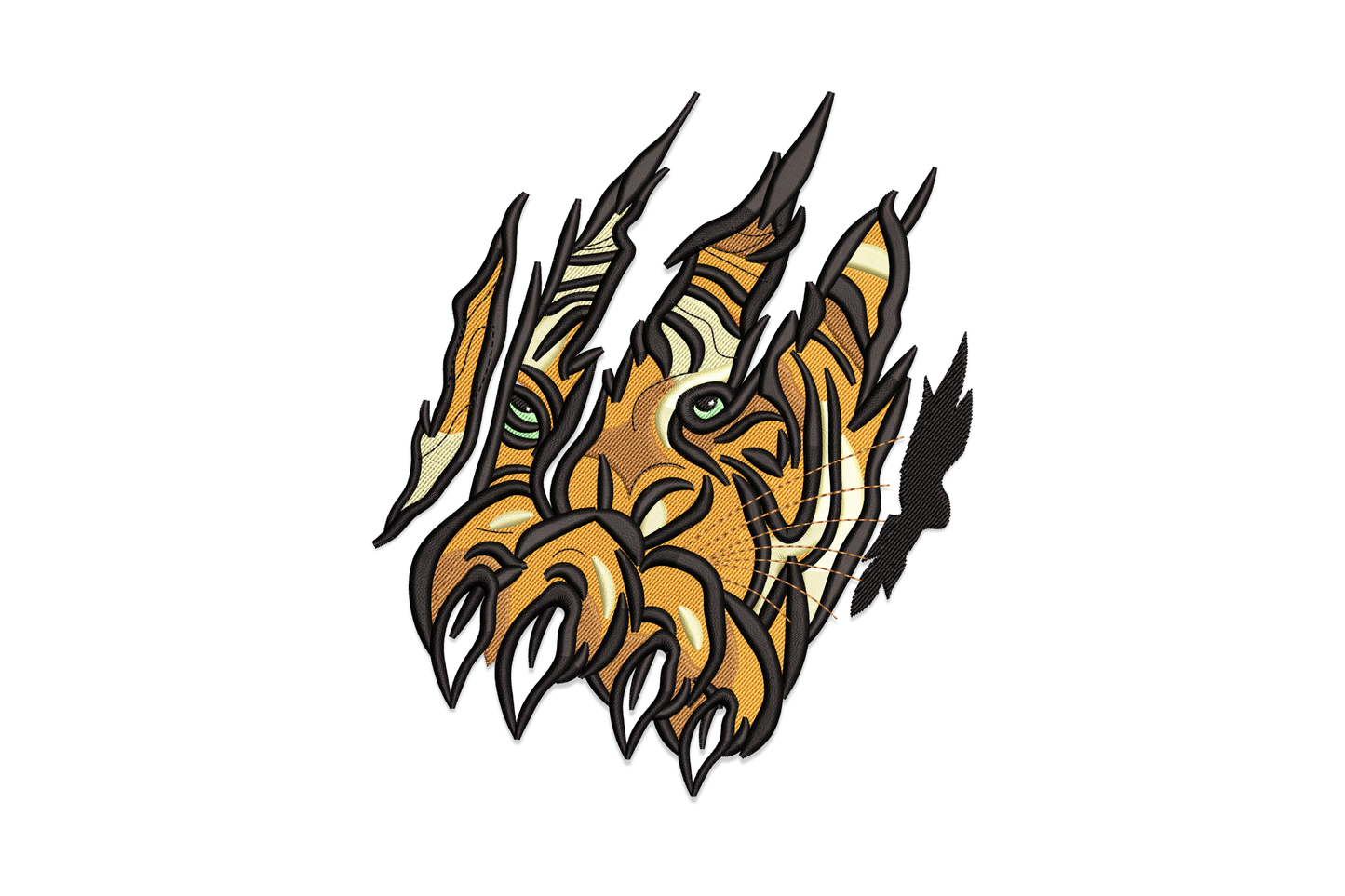 Ripped tiger claw embroidery, four downward-sweeping claws in amber and black, partial tiger face visible through the rip.