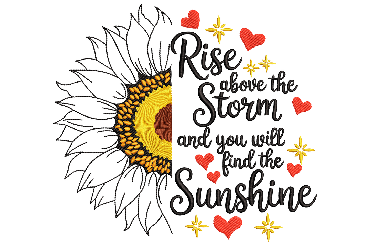 Bold golden sunflower with deep brown centre and Rise Above the Storm arcing in black hand-lettered script above on olive green stem and leaves.