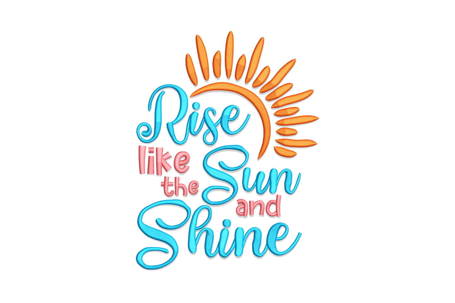Rise Like the Sun and Shine embroidery design, bold gold and charcoal lettering with sunburst detail on white background