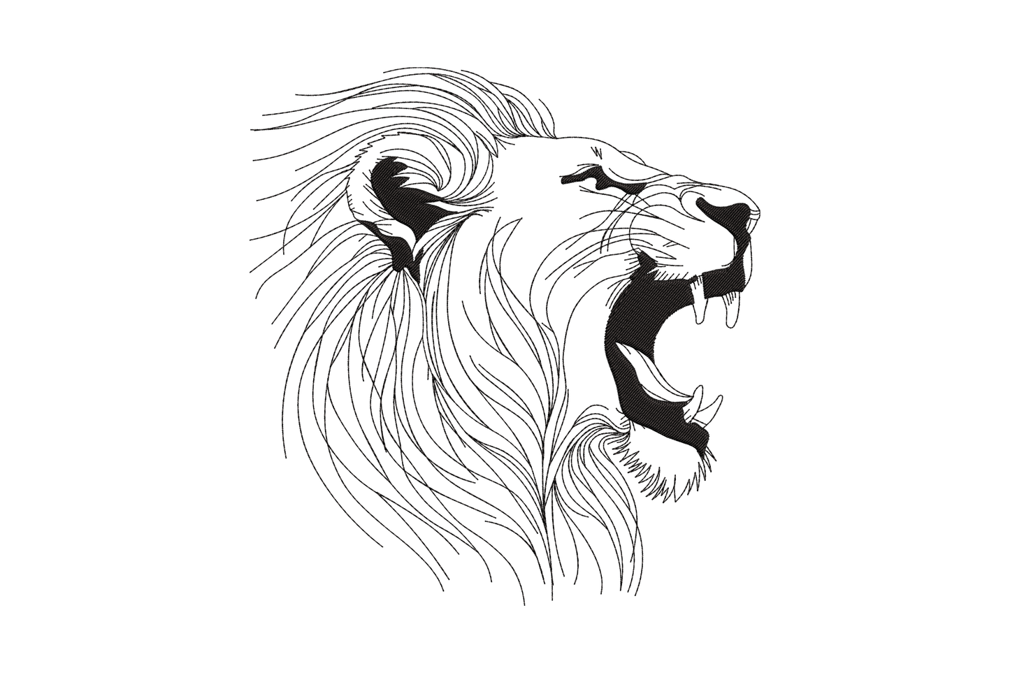 Roaring lion line art embroidery design, single black thread side profile with open mane, 6 sizes 3-8 inches, digitised in Wilcom EmbroideryStudio.