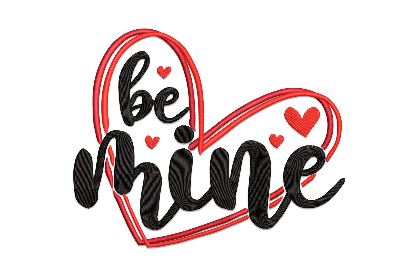 Machine embroidery design with bold brush-lettered 'be mine' script over a sketchy red heart outline, small hearts in upper corner, three-color design