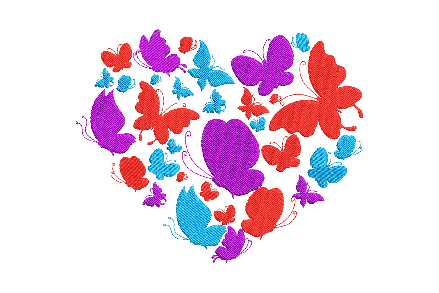 Romantic butterfly love shape embroidery design, colourful butterfly silhouettes in purple red and blue forming a heart
