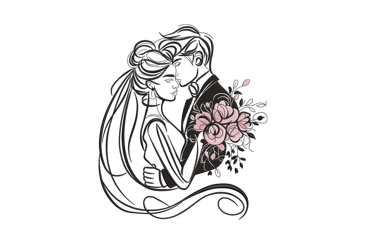 Romantic couple line art embroidery design showing a bride and groom in close profile with a dusty pink peony bouquet, fine black outline stitch on white background.