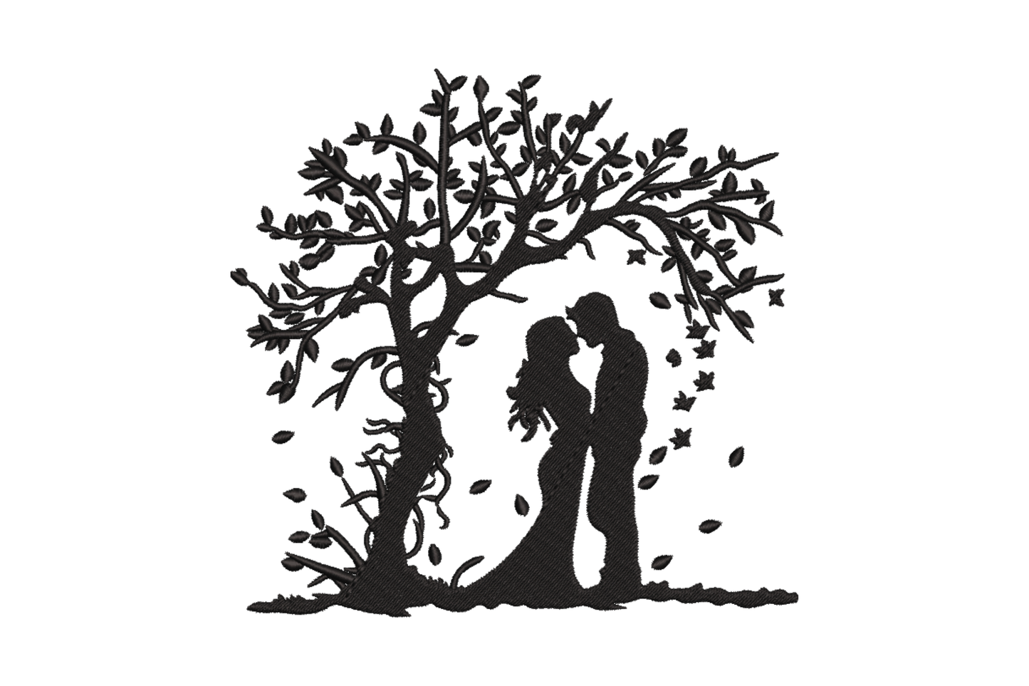 Romantic couple silhouette in solid black, two figures close together under a spreading leafy tree with root detail at base.