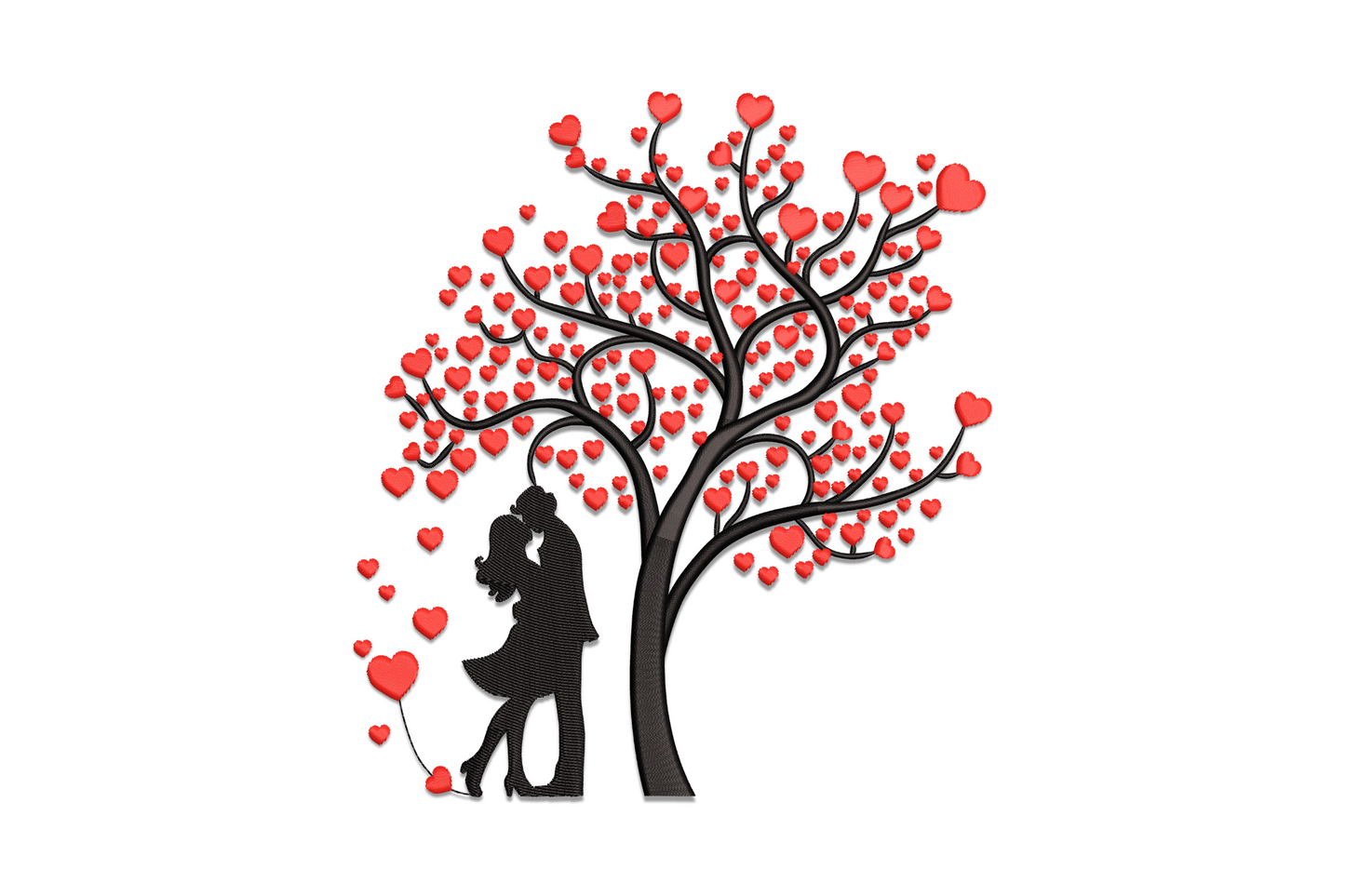 Romantic couple silhouette under a heart-shaped tree embroidery design, Valentine love pattern for tote bags and pillows