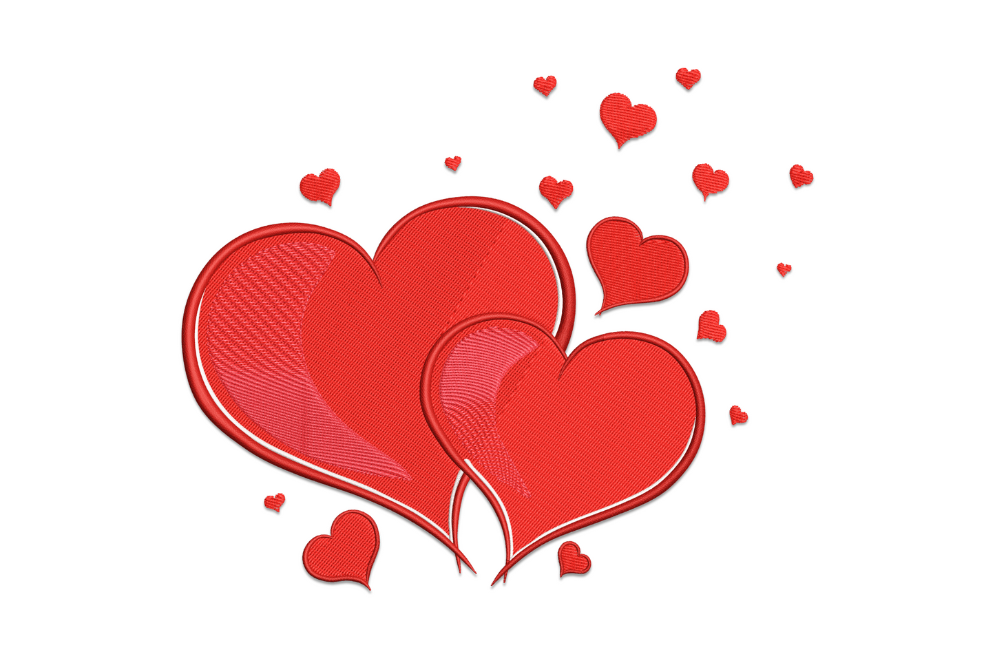 Machine embroidery design of two layered double hearts in 4 colors with decorative satin fills, romantic valentine motif, landscape format