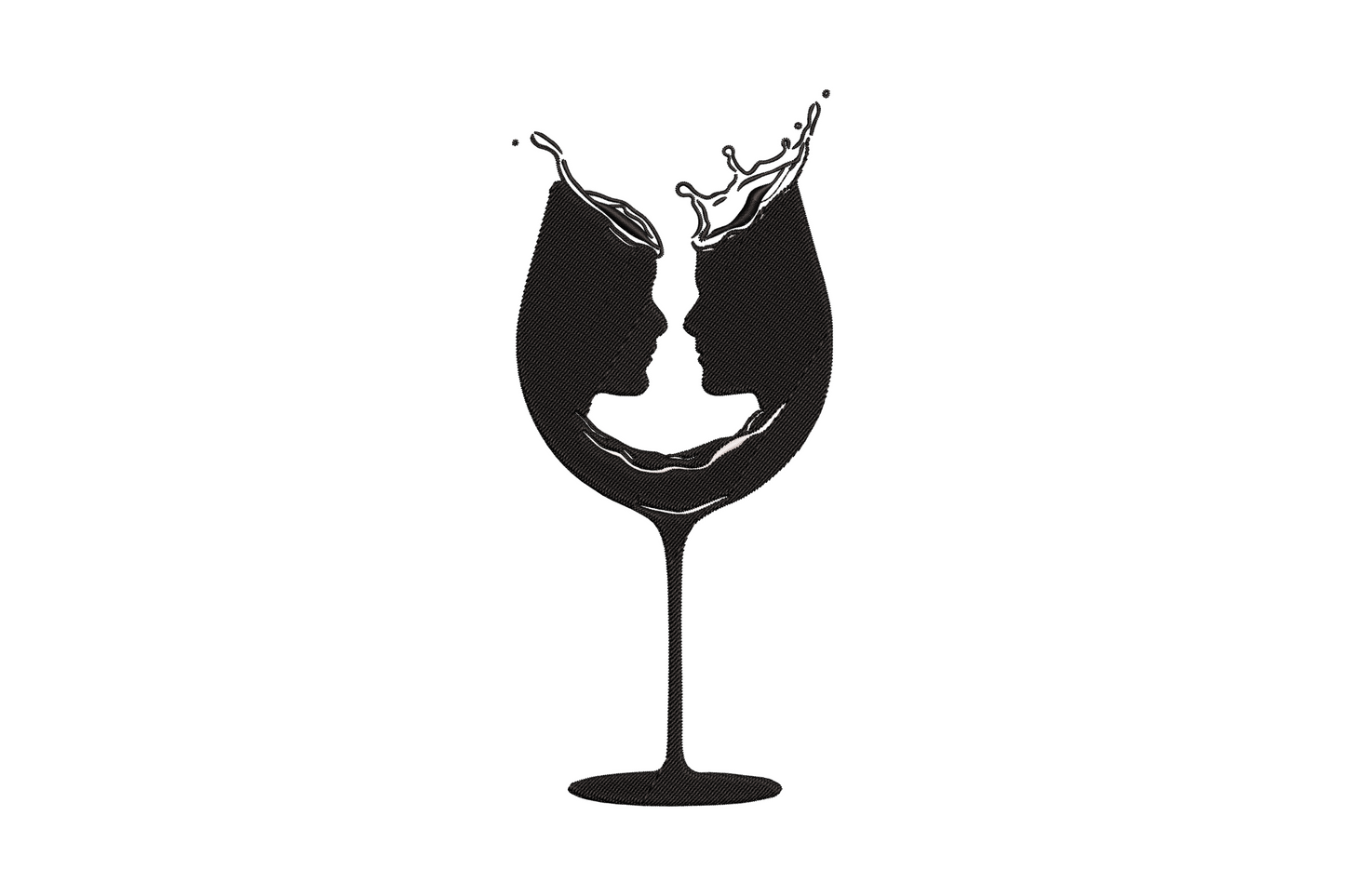 Romantic couple faces inside wine glass silhouette embroidery design, two-colour profile portrait, wedding and anniversary motif