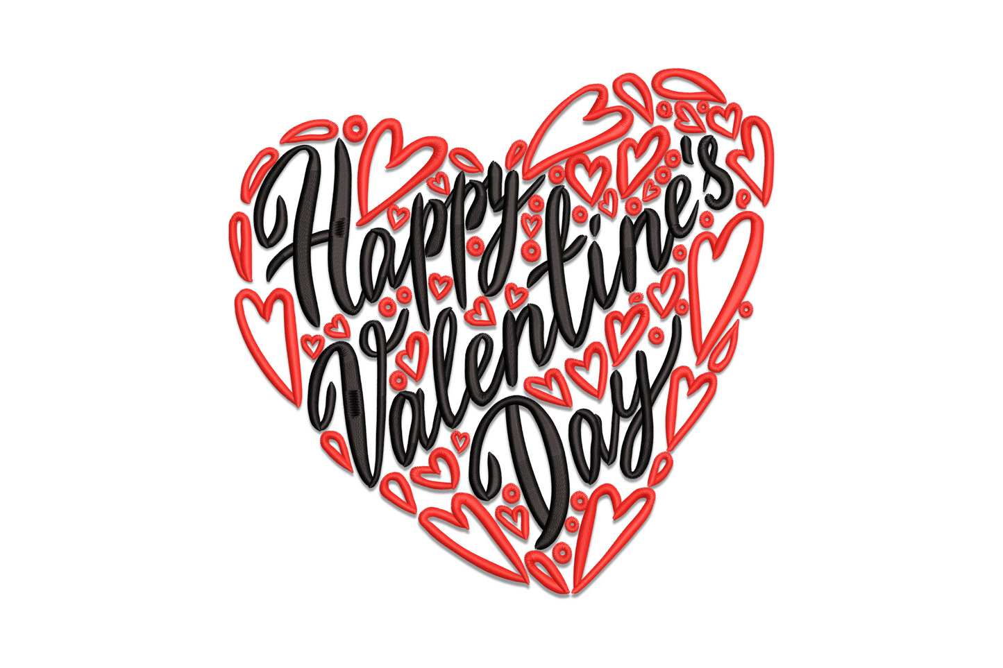 Romantic Happy Valentines Day flowing cursive script machine embroidery, deep red and blush, 5 sizes from 3.39 to 7.25 inches, dense satin fill