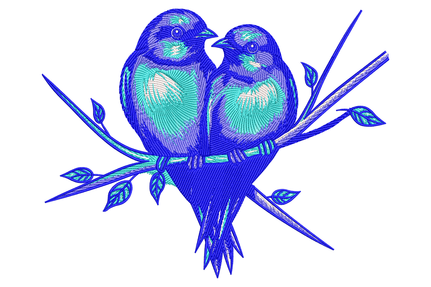 Romantic love birds on a branch embroidery design with two dusty rose birds perched close together on a sage green branch with scattered cream five-petal florals