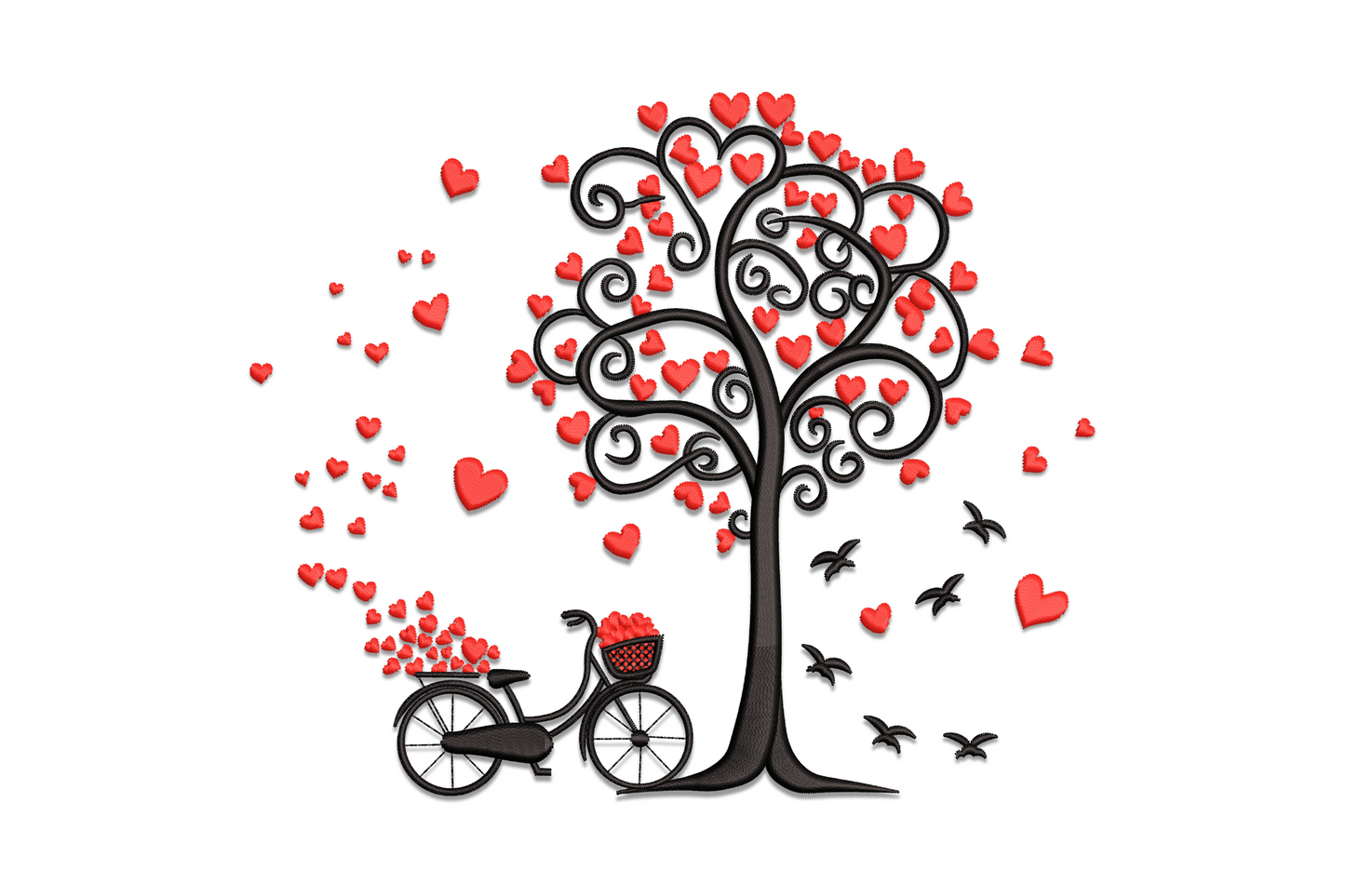 Romantic love tree embroidery design with red heart leaves on black scroll branches and small bicycle at base