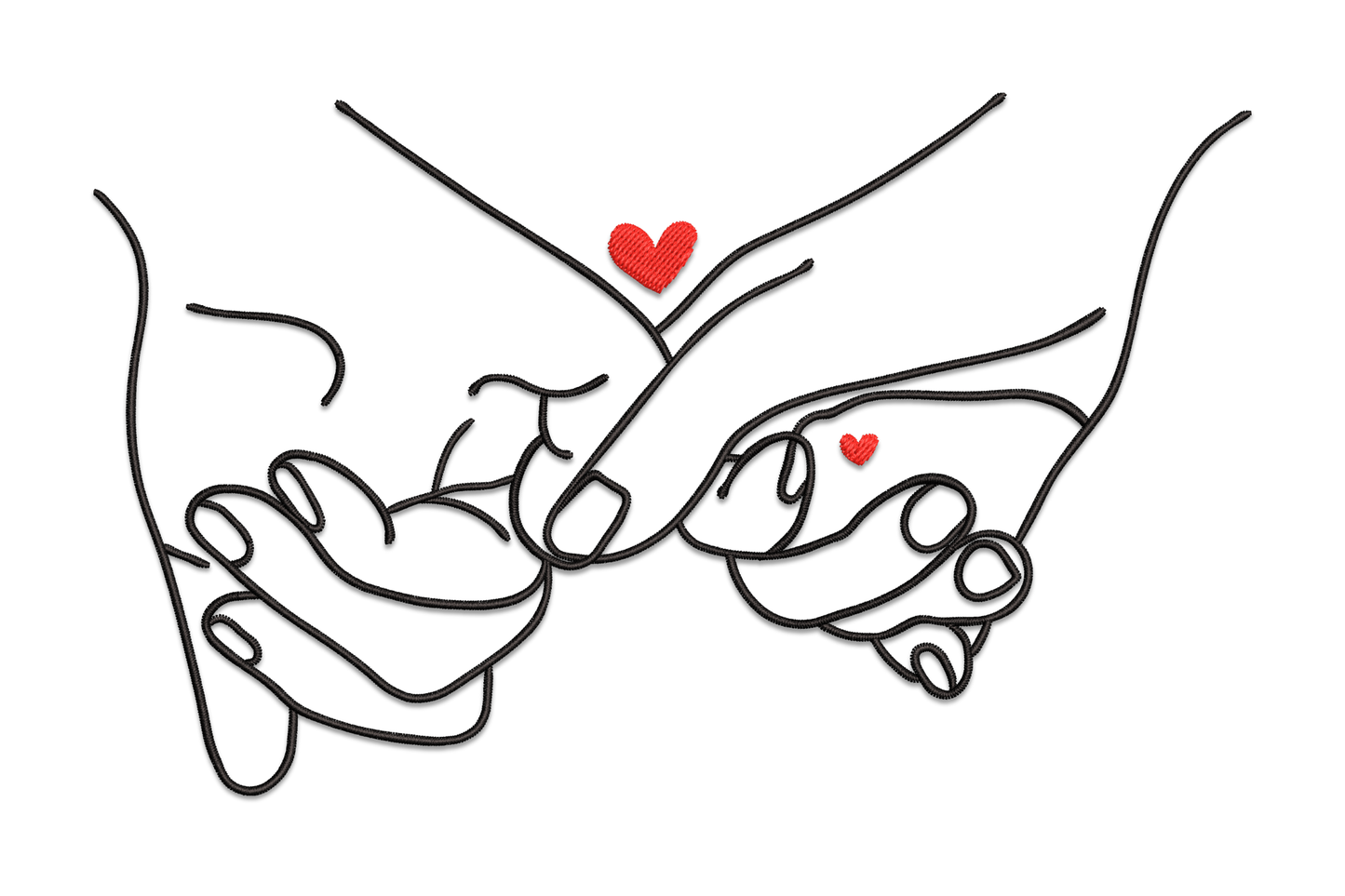 Embroidery design of two filled hands with pinky fingers linked romantically, skin tone and rose pink satin stitch