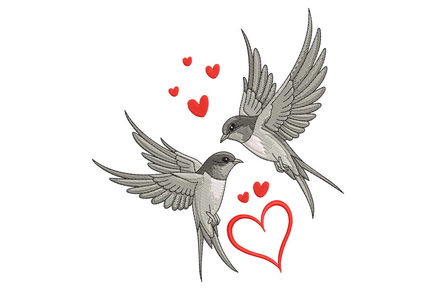 Romantic swallow bird embroidery design, two greyscale swallows with trailing red hearts, 8 thread colors