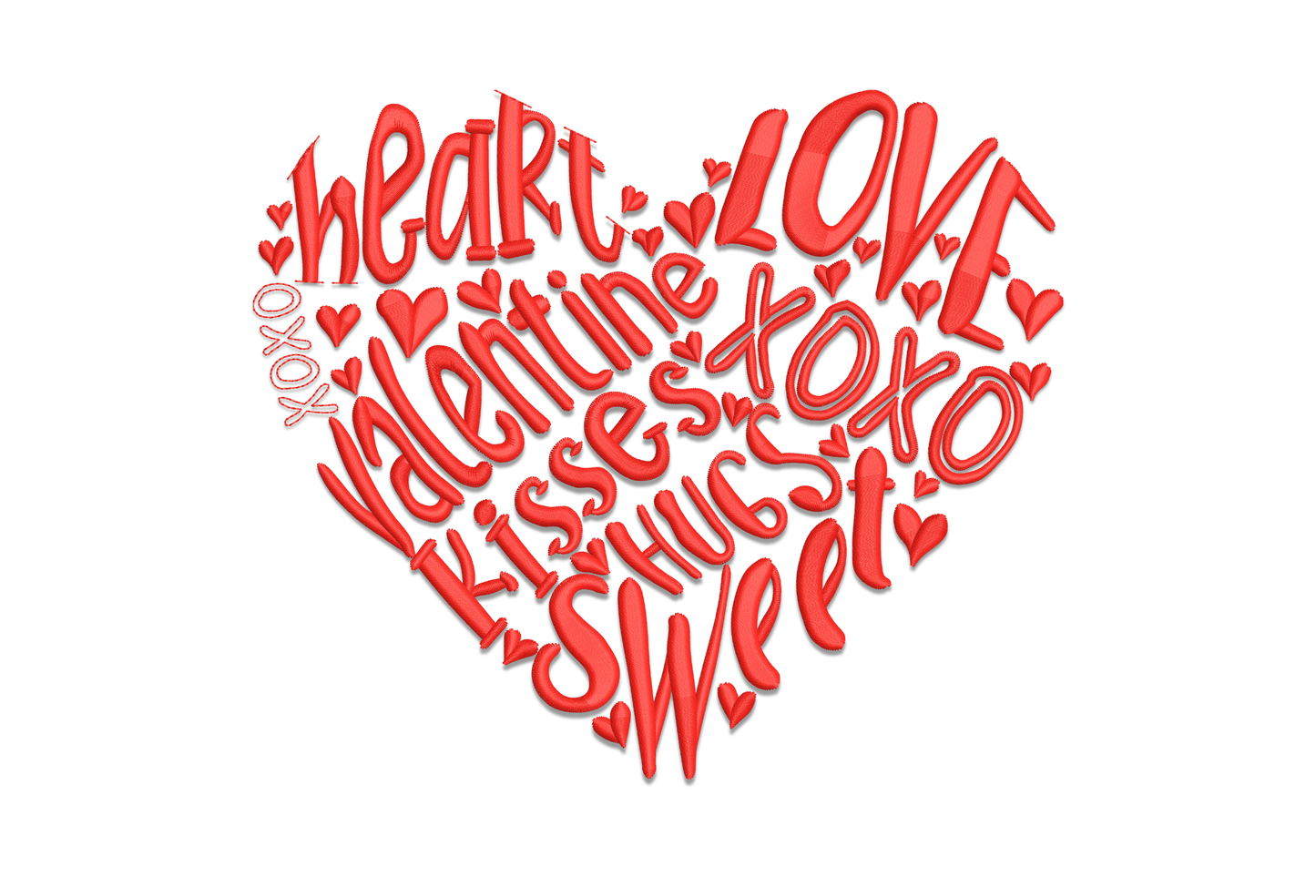 Romantic valentine word heart embroidery design with love, kisses, XOXO and hugs text forming a heart in red thread.