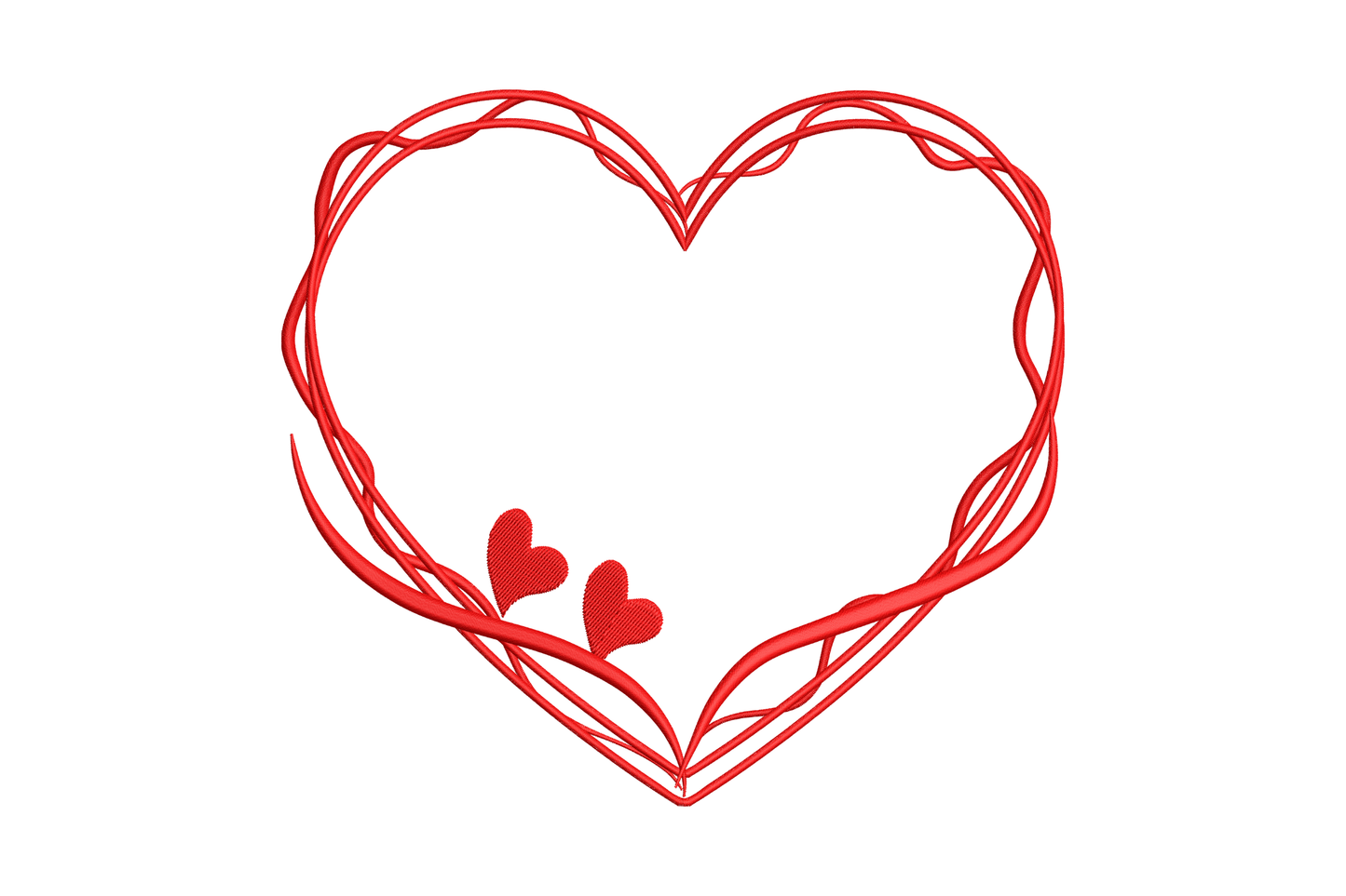 Romantic vine heart frame embroidery, tangled red vine strokes, 2 mini solid hearts on inner stem, single crimson thread.
