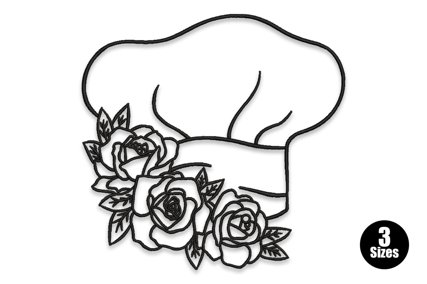 Chef hat rose embroidery design, black outline toque with three full roses and serrated leaves tucked at the brim, single thread line art.