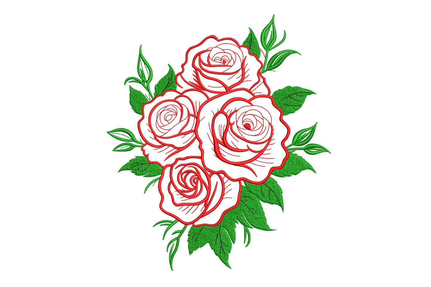 Rose bouquet embroidery design with four open red roses, dark green filled leaves and black outline detail.