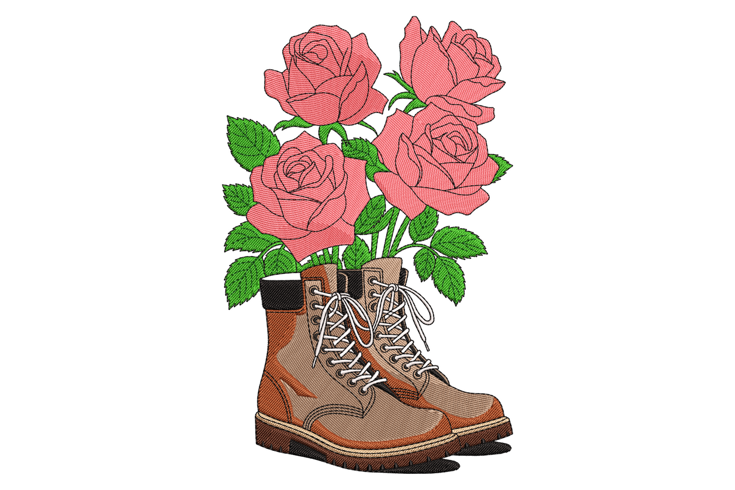 Rose bouquet in vintage tan lace-up boots embroidery, four coral pink roses with green leaves spilling from boot tops, 9 colours.