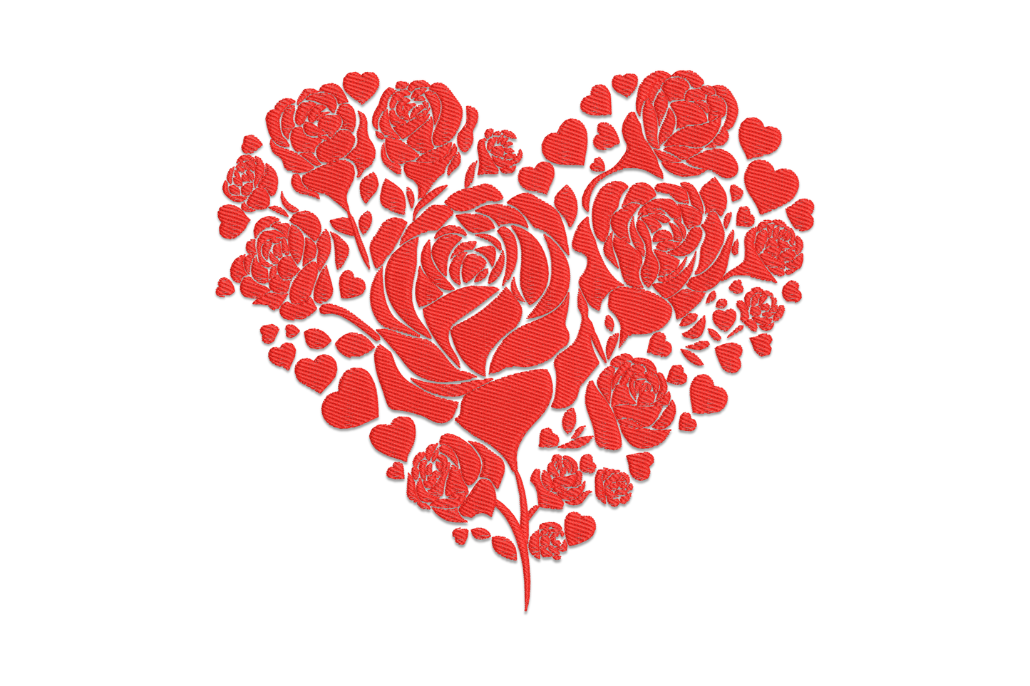 Rose floral heart embroidery design, dense packed roses filling a heart shape with directional satin stitch, single colour