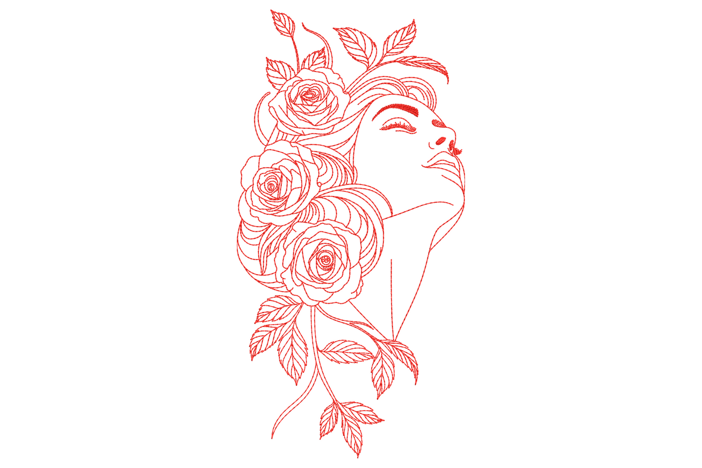 Rose lady line art embroidery, red single-colour redwork, woman profile with closed eyes framed by three large blooming roses and trailing leaves.