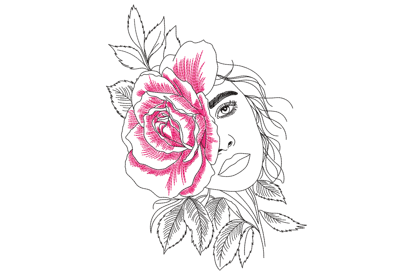 Rose woman face embroidery design, half portrait merged with a large crimson and pink rose, fine-line hatching detail and botanical leaf work.