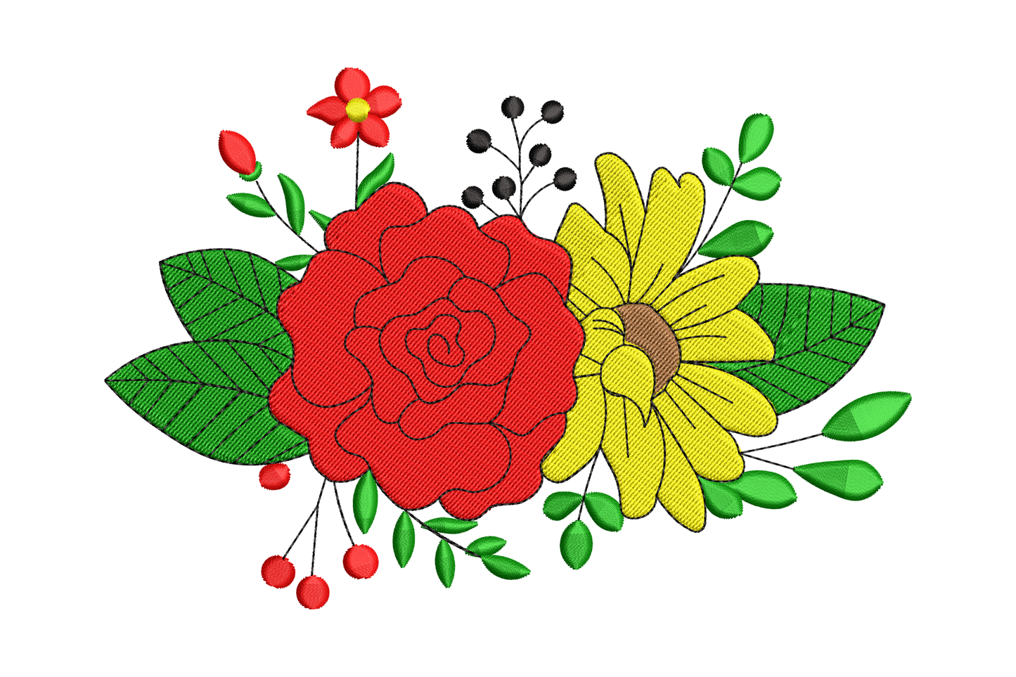 Rose and daisy floral cluster embroidery with a deep red spiral rose, yellow ray-petal daisy, green foliage and red berry sprigs.
