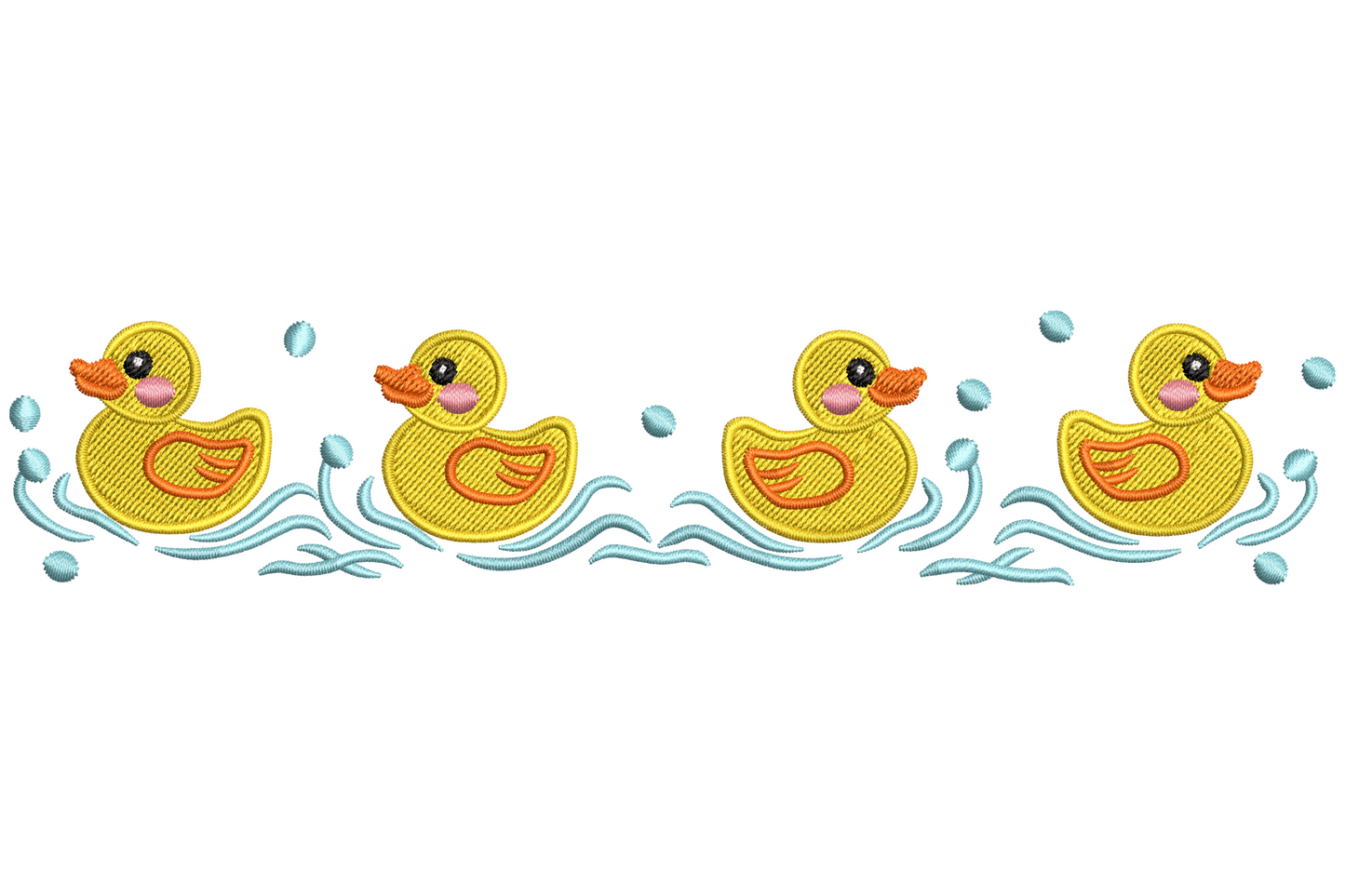 Rubber ducks in water border embroidery design showing yellow ducks bobbing in blue rippling waves, a narrow vertical strip in 6 bright colours.