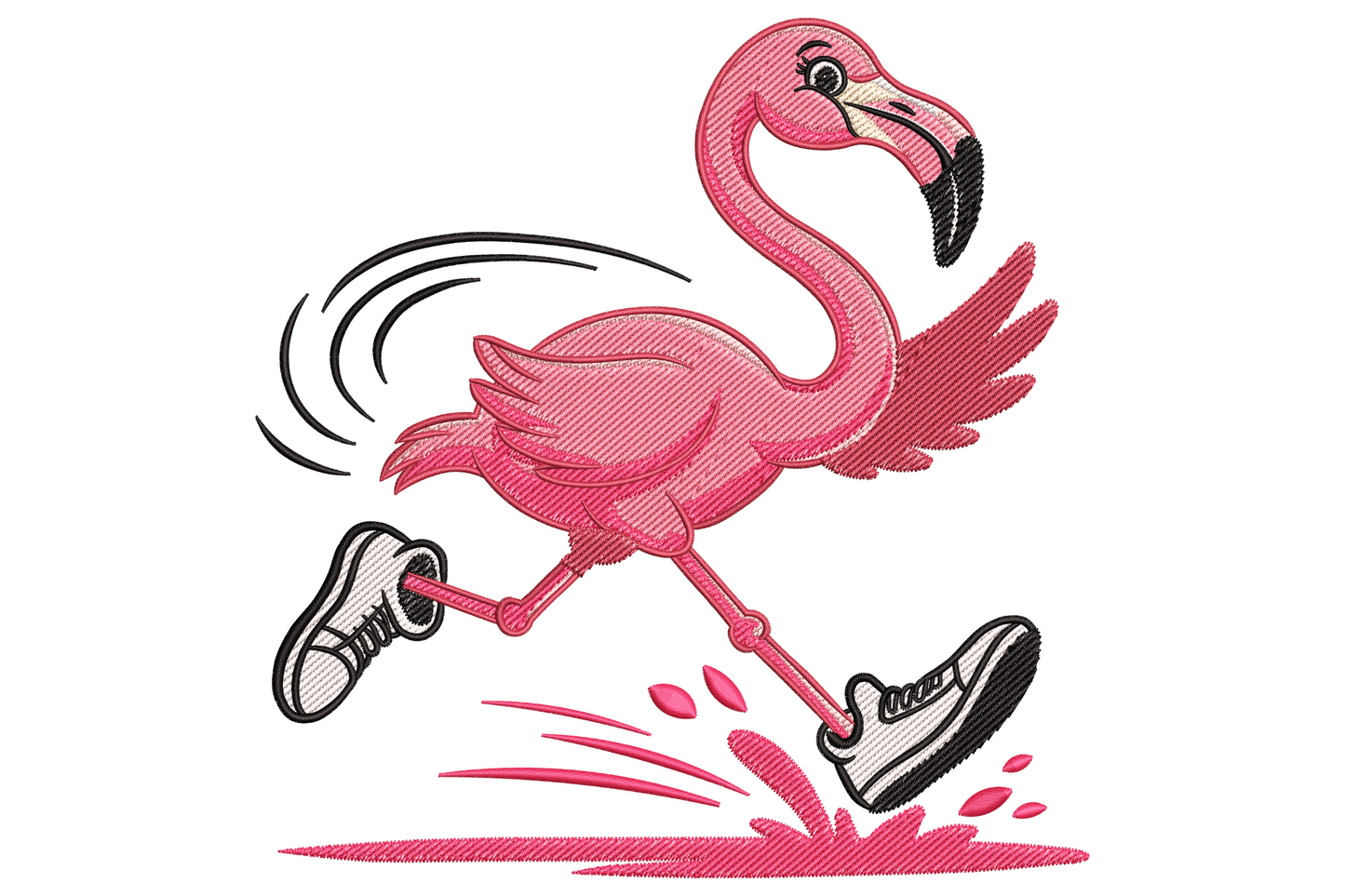 Running flamingo embroidery design with hot pink body, white sneakers, peach beak and motion splash trail behind feet.