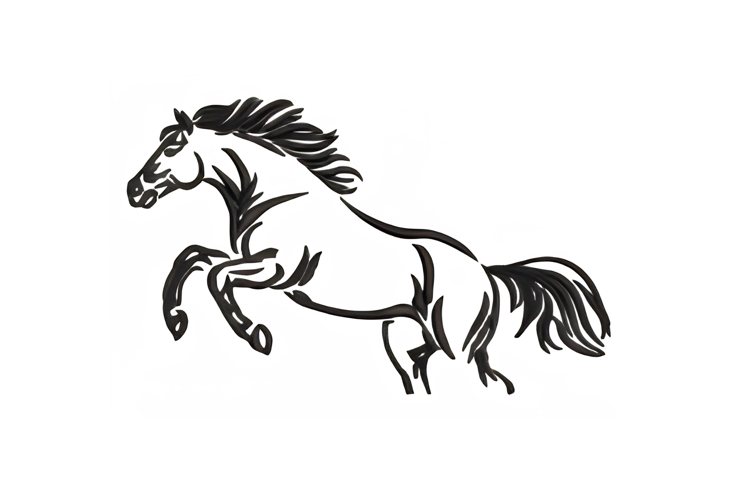 Running wild horse embroidery, bold black line art of a rearing mustang with flowing mane, single-colour equestrian design.