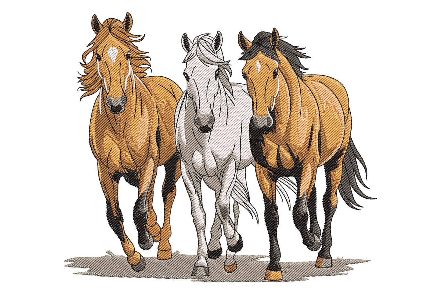 Two wild horses galloping with manes flowing, warm chestnut and tan tones with directional stitch shading, machine embroidery