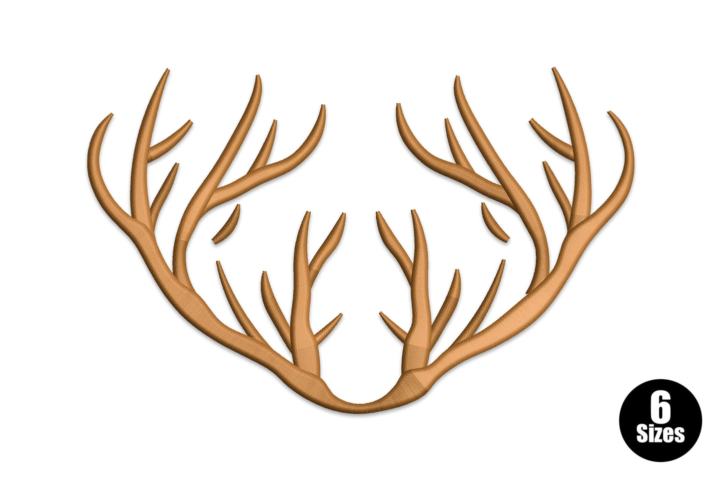 Rustic deer antlers embroidery, symmetrical rack with branching tines in warm brown, wide low silhouette, no deer head.