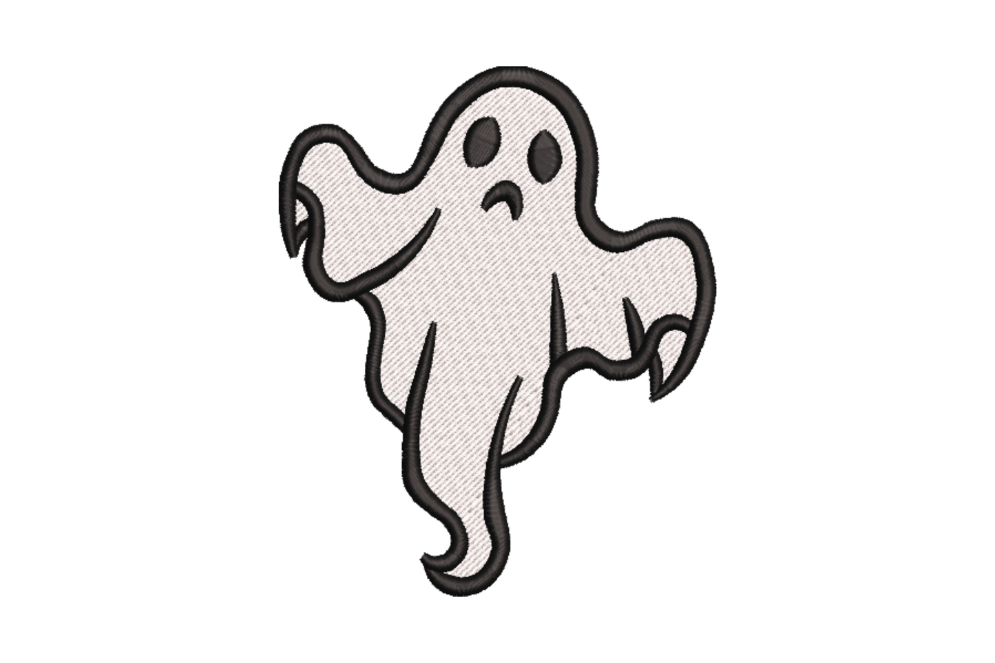 Sad ghost Halloween embroidery, white droopy ghost with frown, worried oval eyes, lopsided body, black outline.