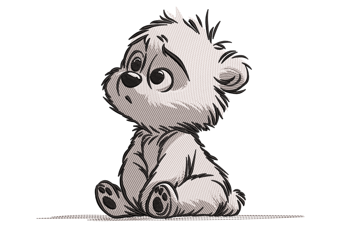Sketch embroidery of a sad-faced sitting baby bear with droopy eyes, soft grey shading and ink-black pencil-line outlines.