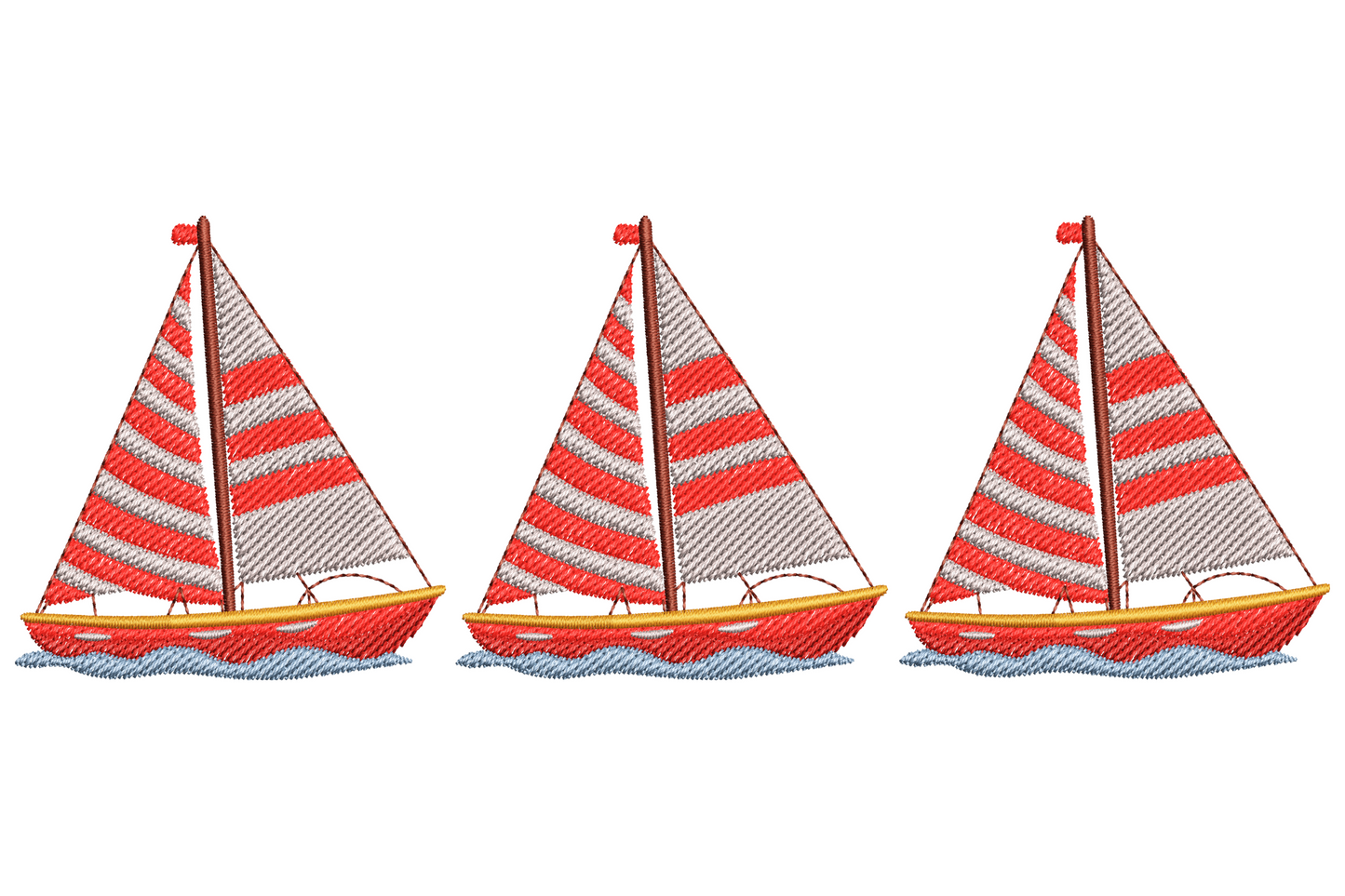 Three sailboats in a horizontal row embroidery with red and white striped sails, tan wooden hulls and aqua water ripples.