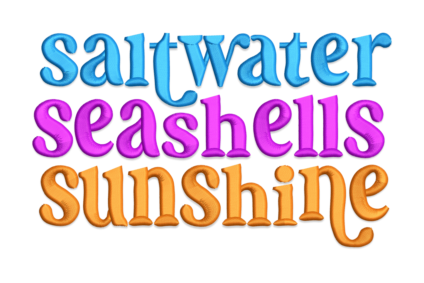 Saltwater Seashells Sunshine machine embroidery design, hand-lettered stacked beach quote in sandy beige, ocean teal and golden yellow, 5 sizes