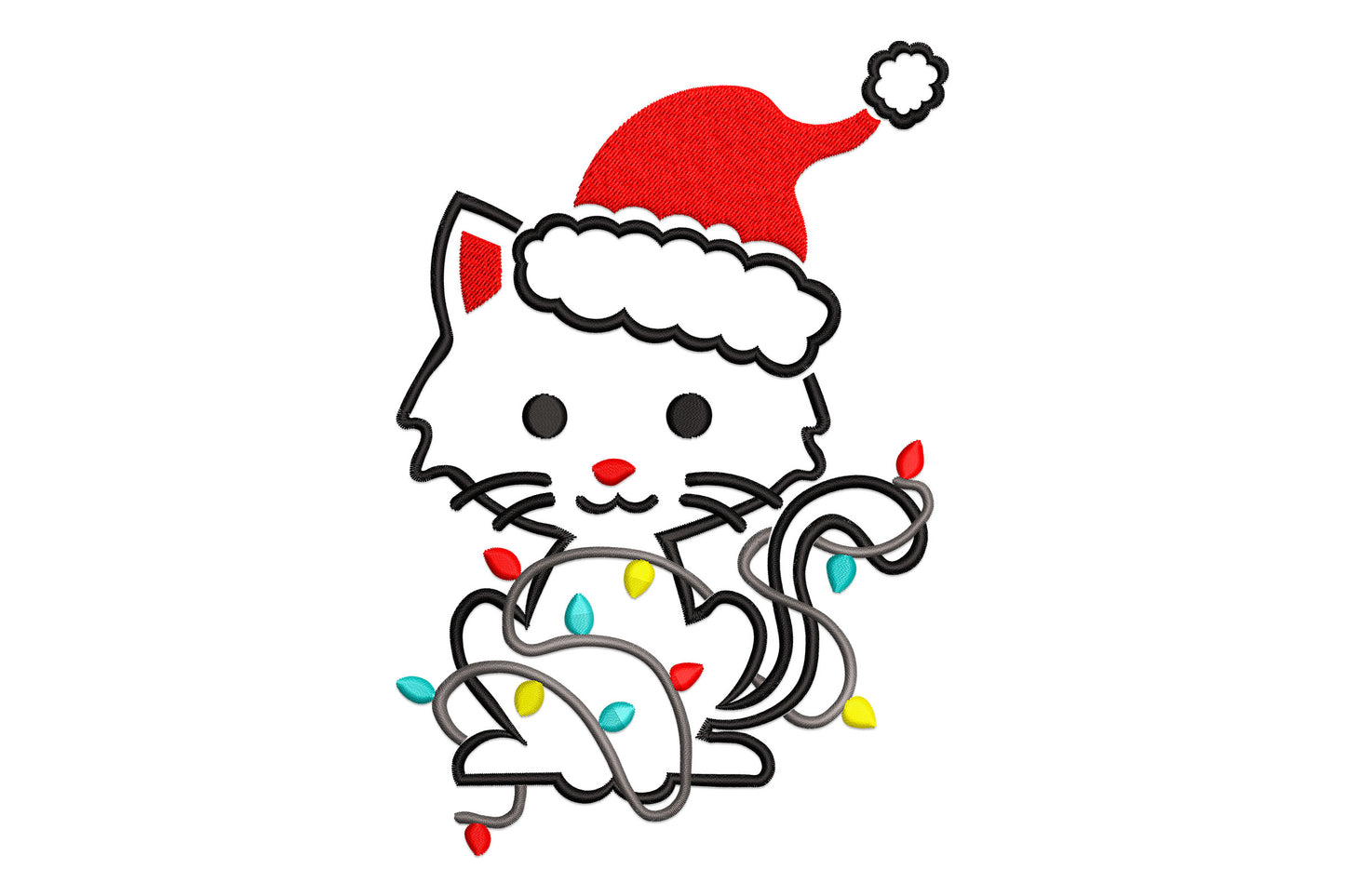 Santa cat embroidery design with fluffy round cat in red santa hat tangled in yellow and aqua christmas lights on grey wire, black outline style.