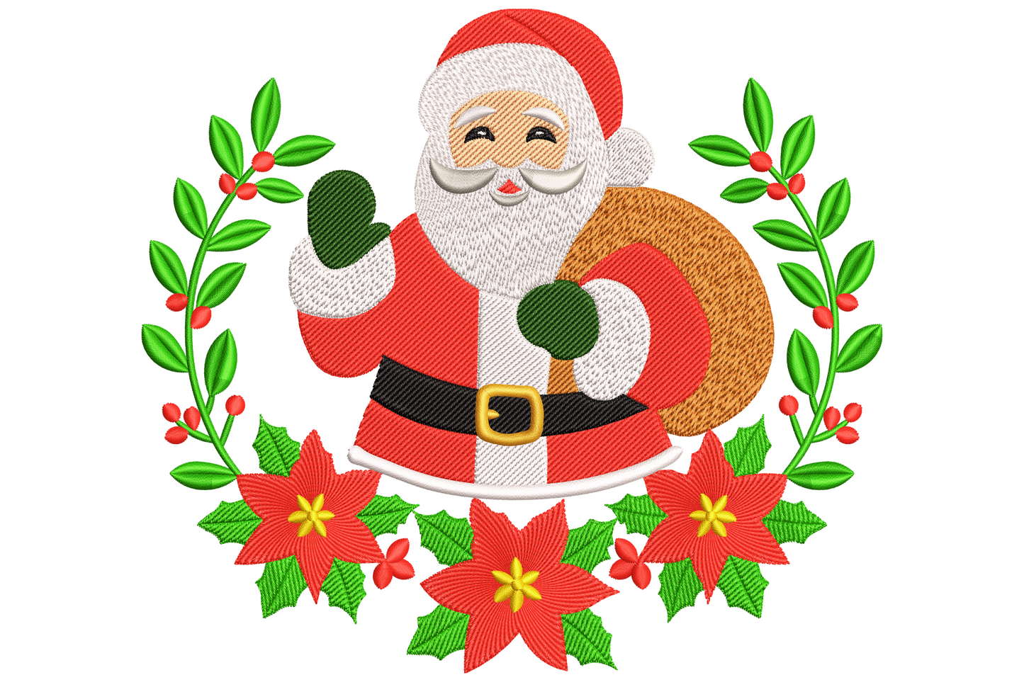 Santa Claus Christmas wreath machine embroidery design, Santa face inside holly wreath with red bow, 11 colours traditional style, 3.5 inches wide