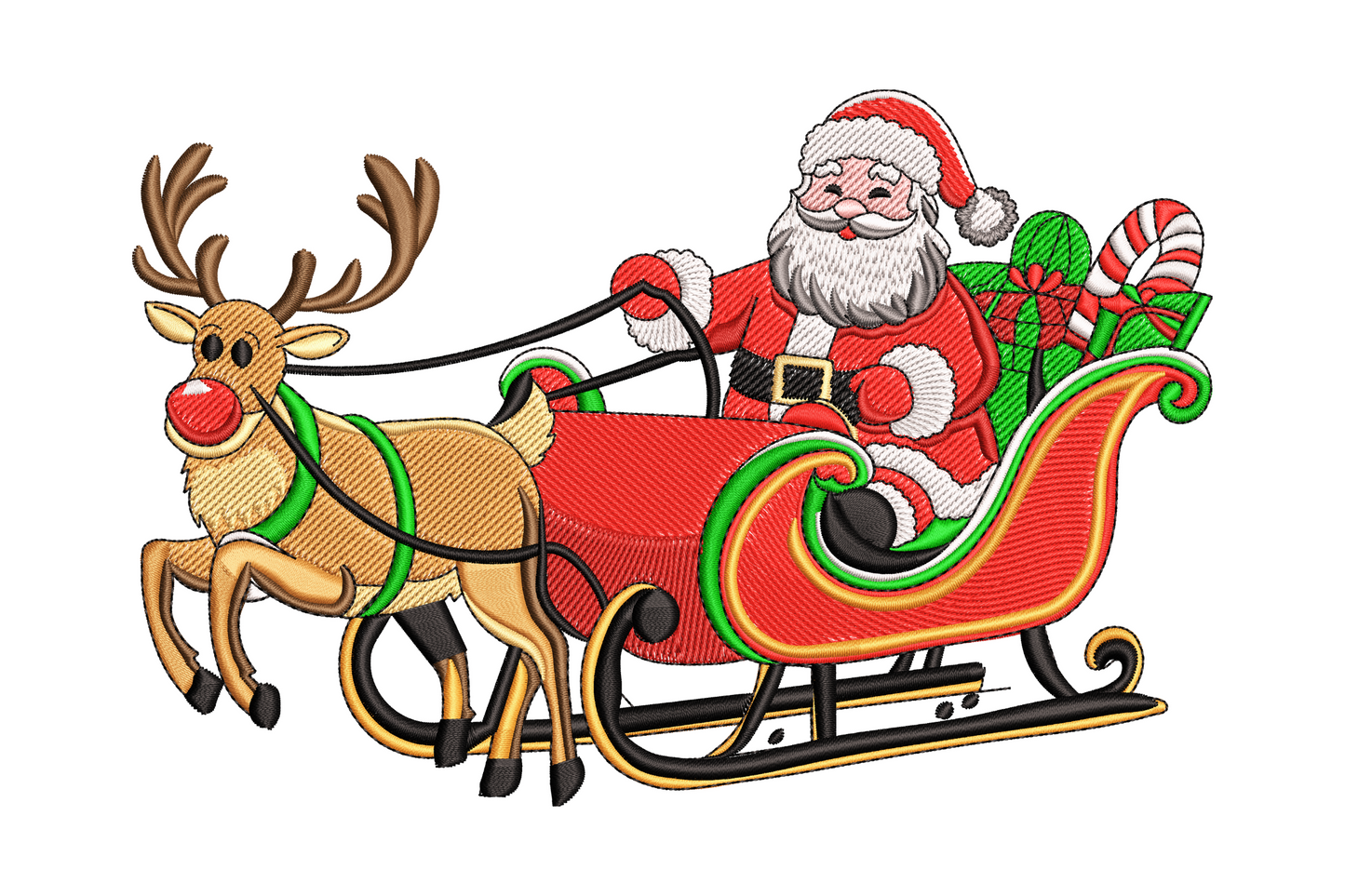 Machine embroidery of Santa Claus in a red green sleigh pulled by a single reindeer with candy cane and gift sack, side-profile Christmas scene