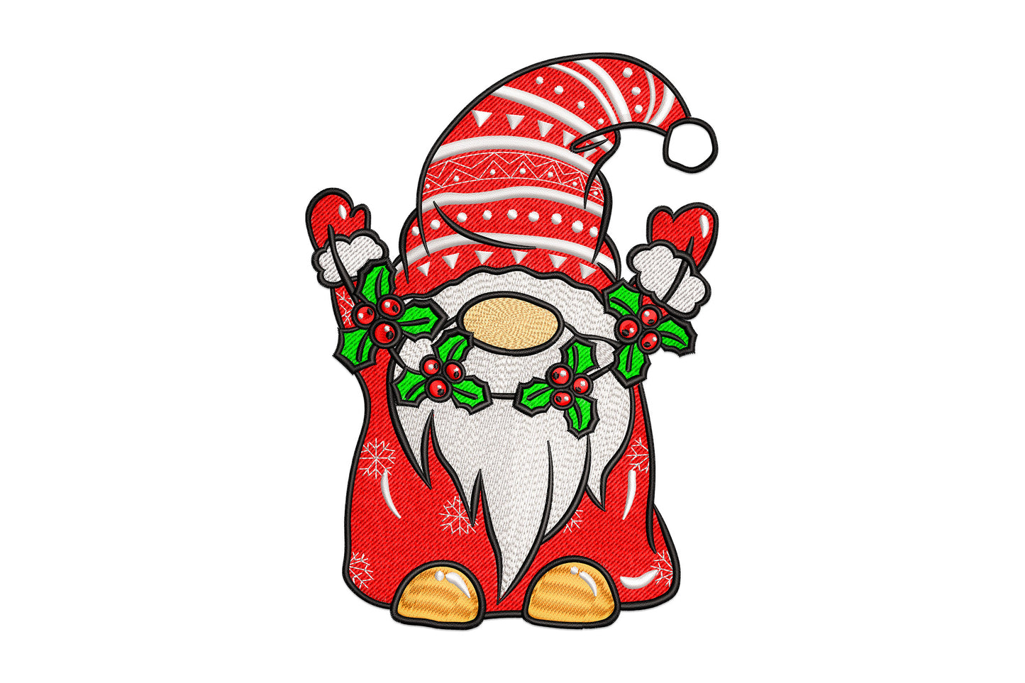 Santa gnome with holly garland embroidery in deep red, cream and forest green, round gnome body holding a berry garland.