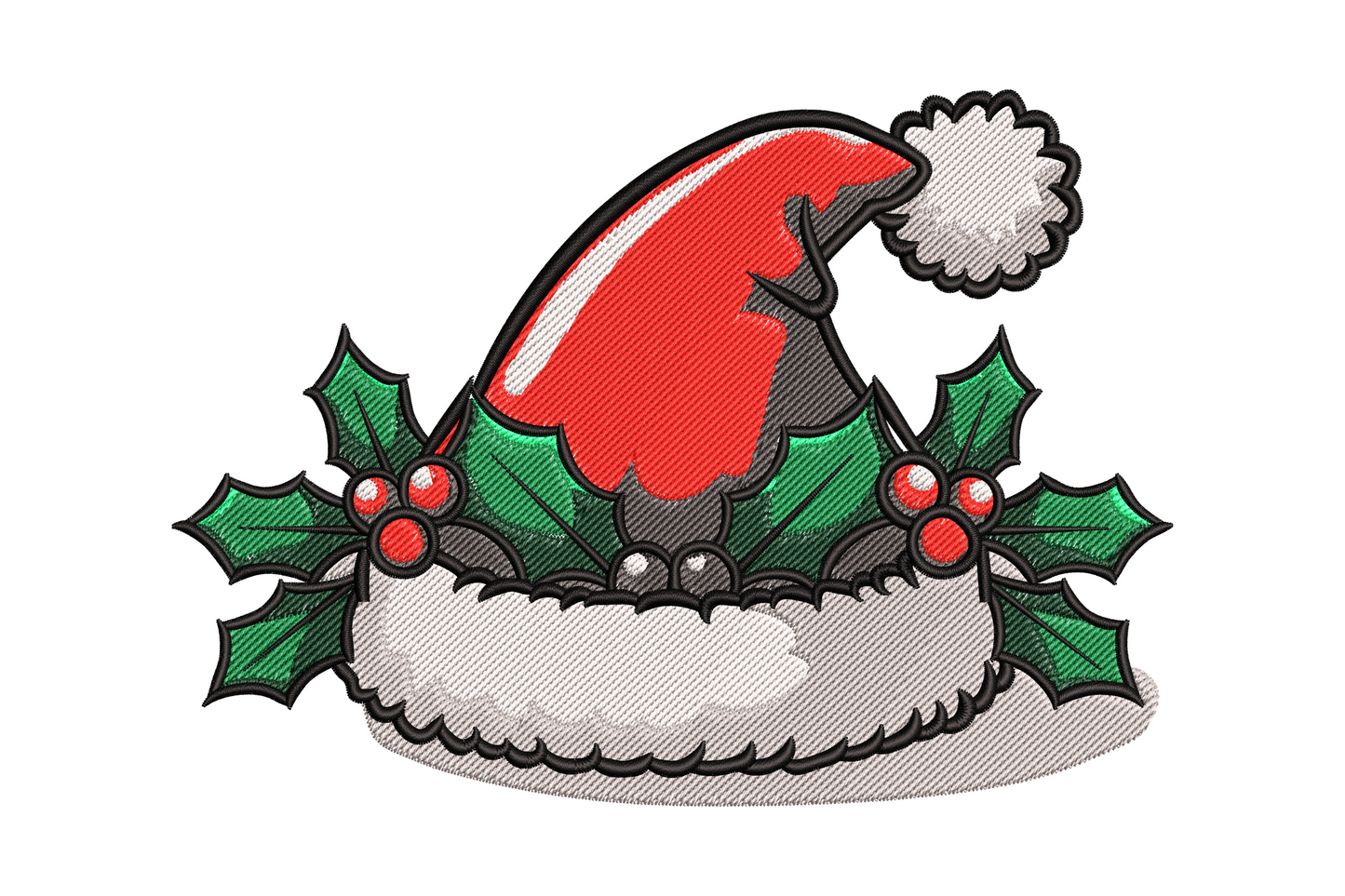 Santa hat with holly embroidery design, 10 colors with red berries and pom pom, 5 sizes up to 7.5 inches