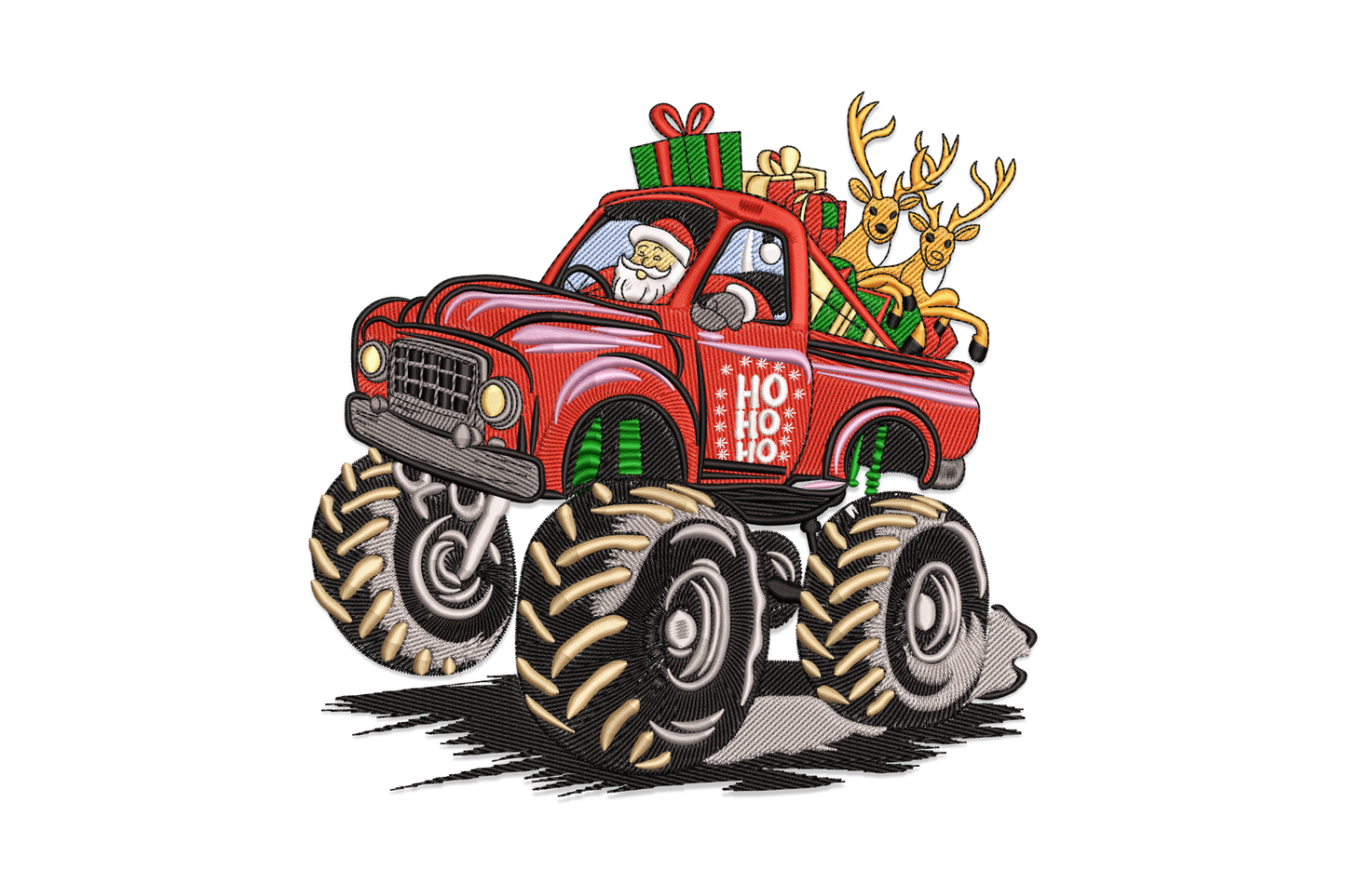 Santa monster truck embroidery design, scarlet cab with cream wheels and Santa Claus driving, 11-colour thread on canvas.