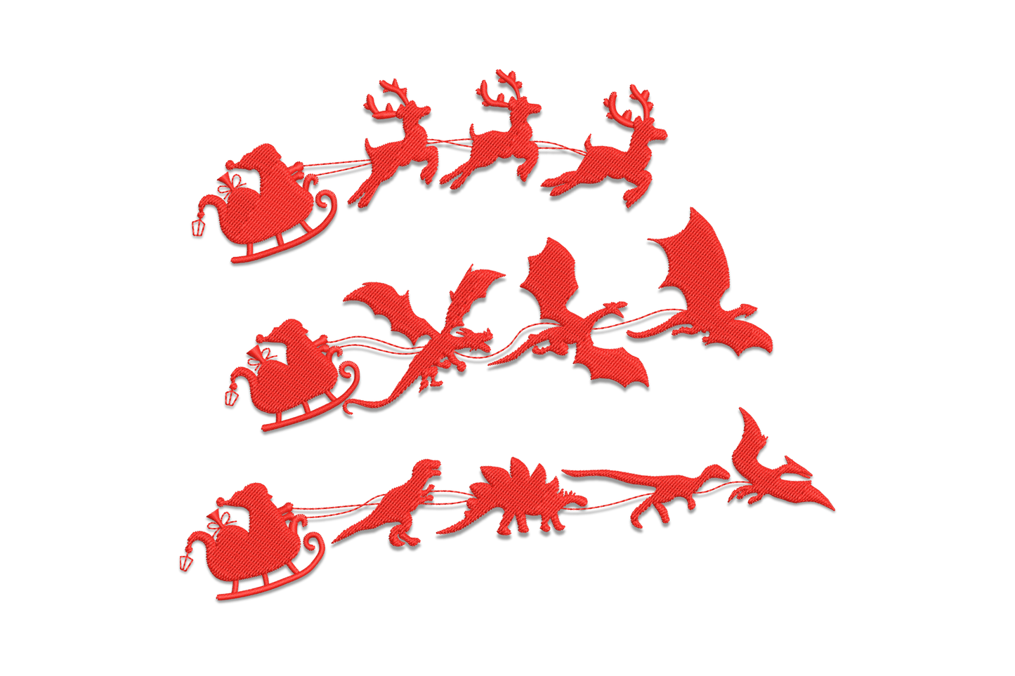 Santa sleigh embroidery design with three rows: reindeer, dragons and dinosaurs each pulling Santas sleigh in a single red silhouette fill.