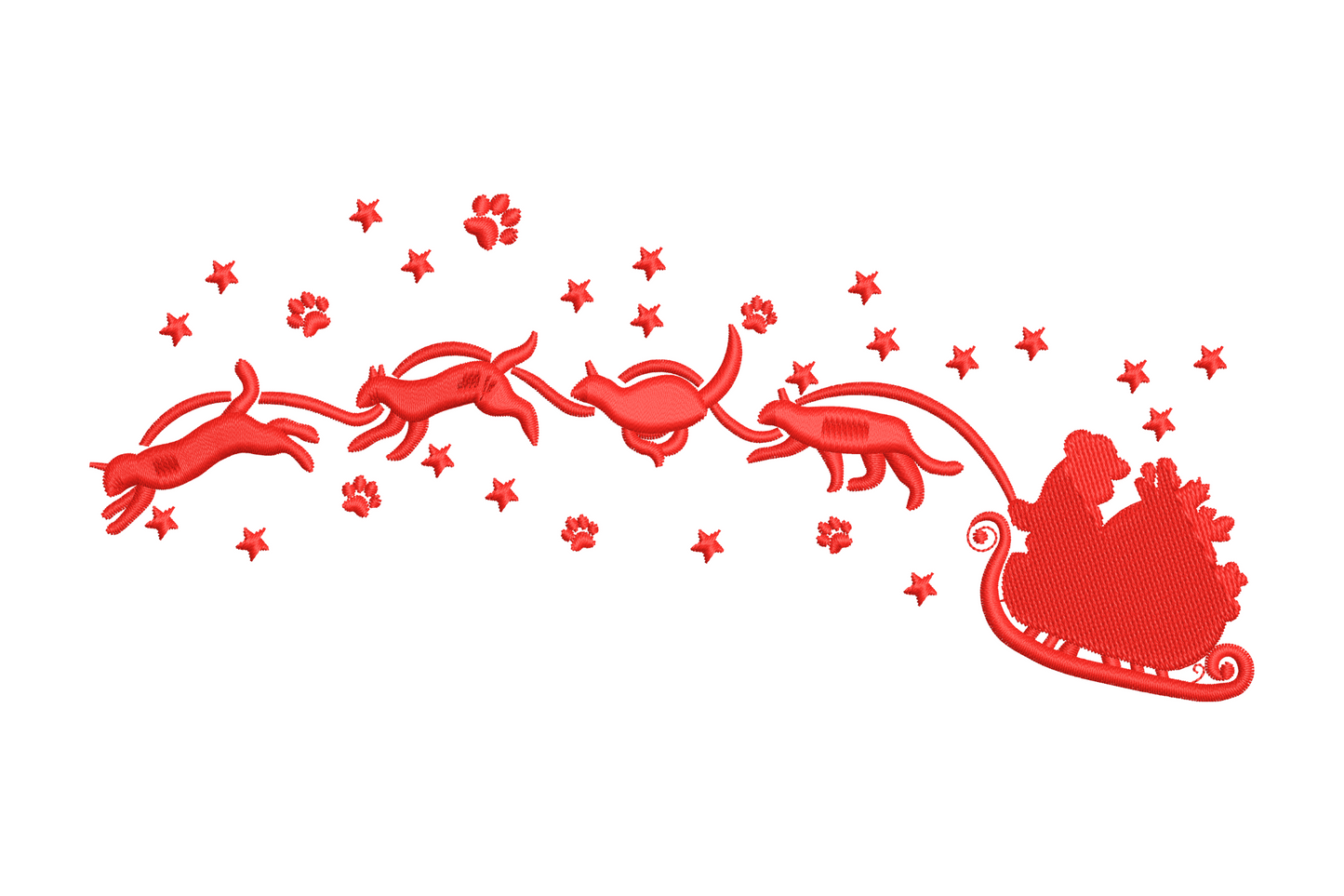 Santa sleigh pulled by three playful dogs, red silhouette, paw prints and stars, wide horizontal format, single color