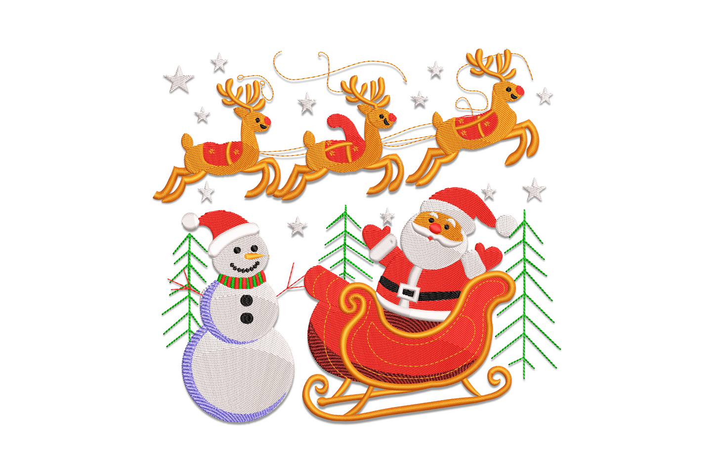 Santa sleigh with reindeer and snowman Christmas scene embroidery design, 7 colours holiday illustration, 5 sizes for festive gifts
