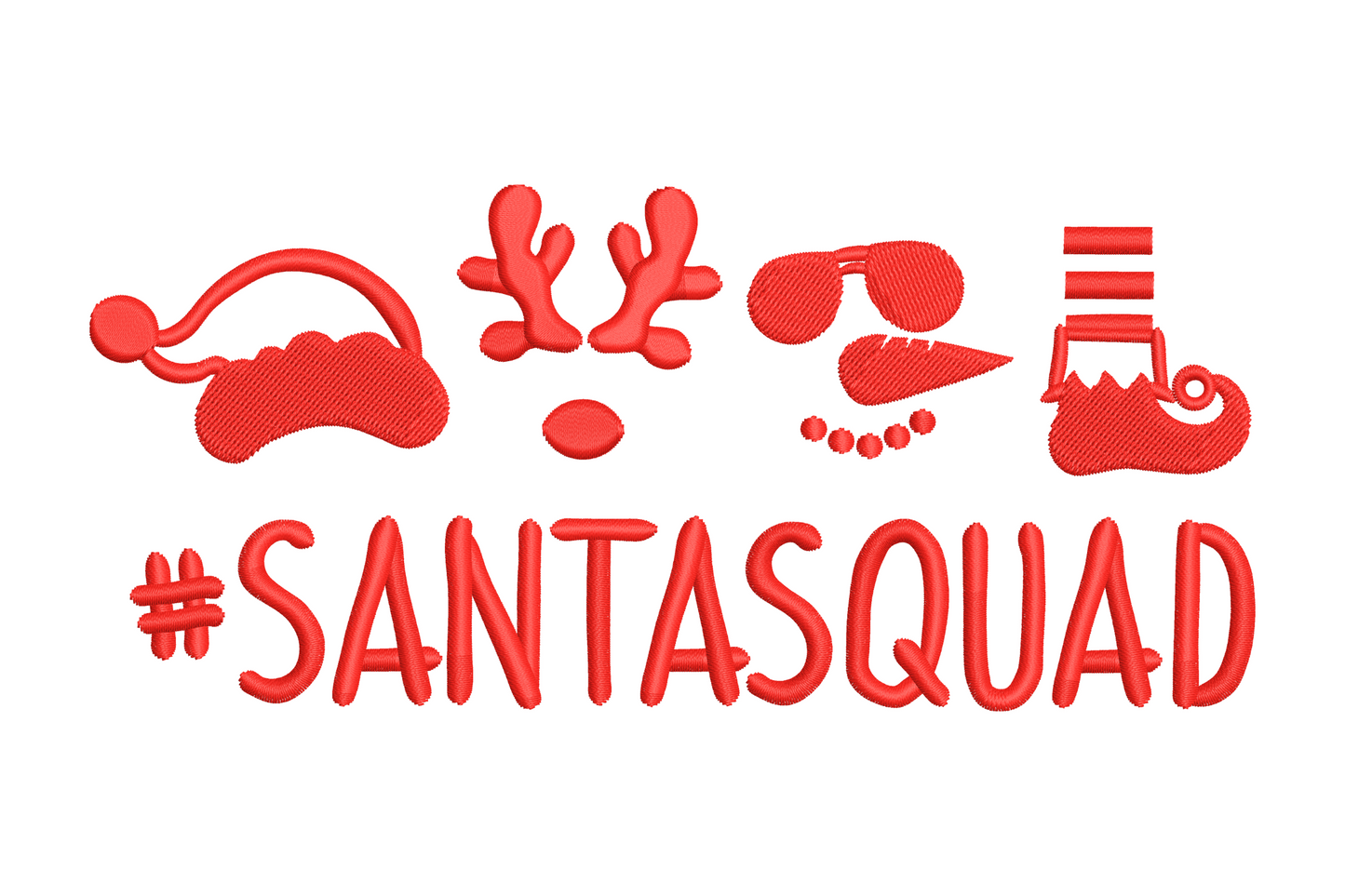 #SantaSquad Christmas embroidery design, red text with holiday icons, machine embroidery