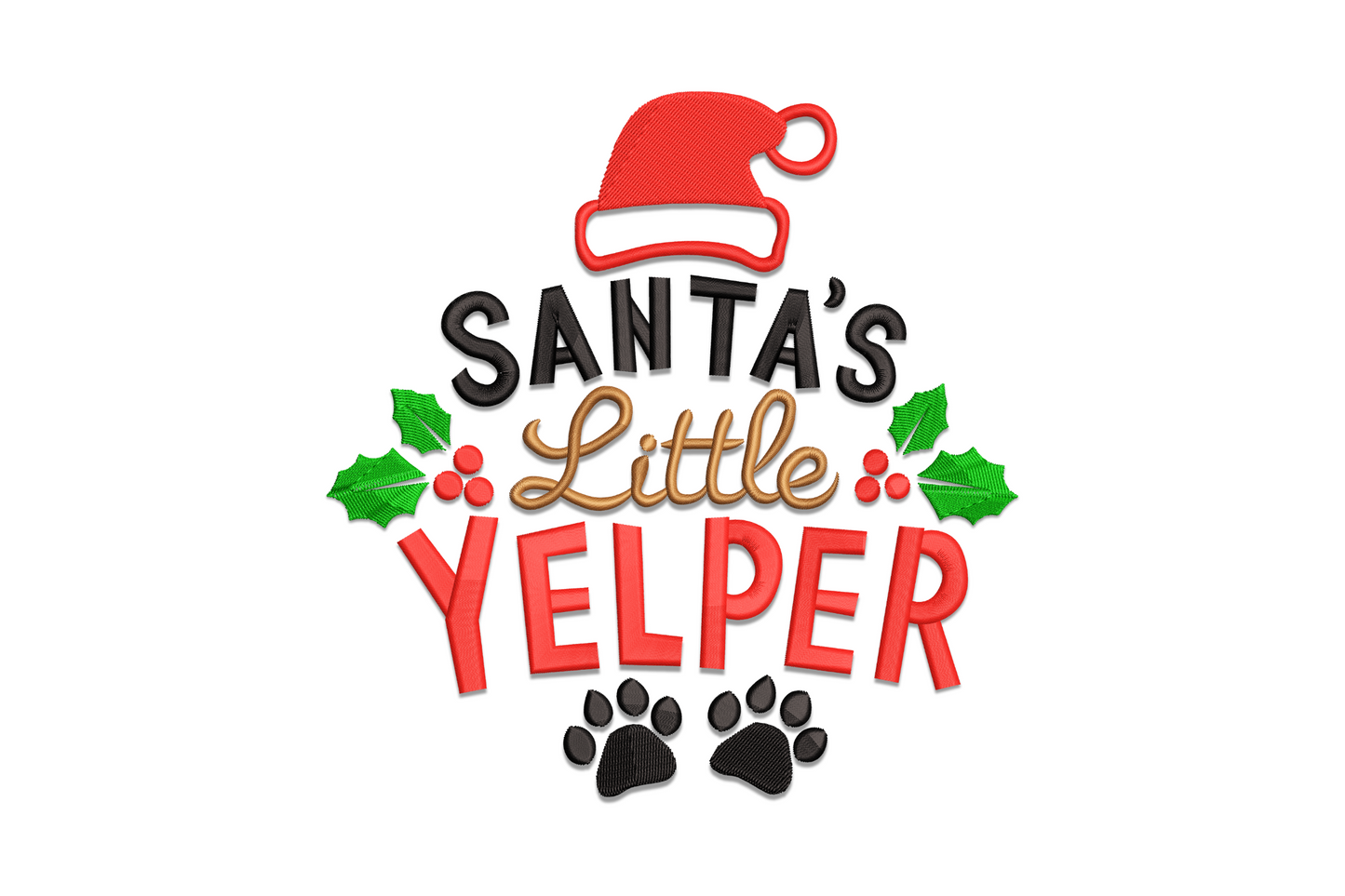 Christmas dog pun embroidery design reading Santas Little Yelper in bold and cursive lettering, 4 colors red green white and black.