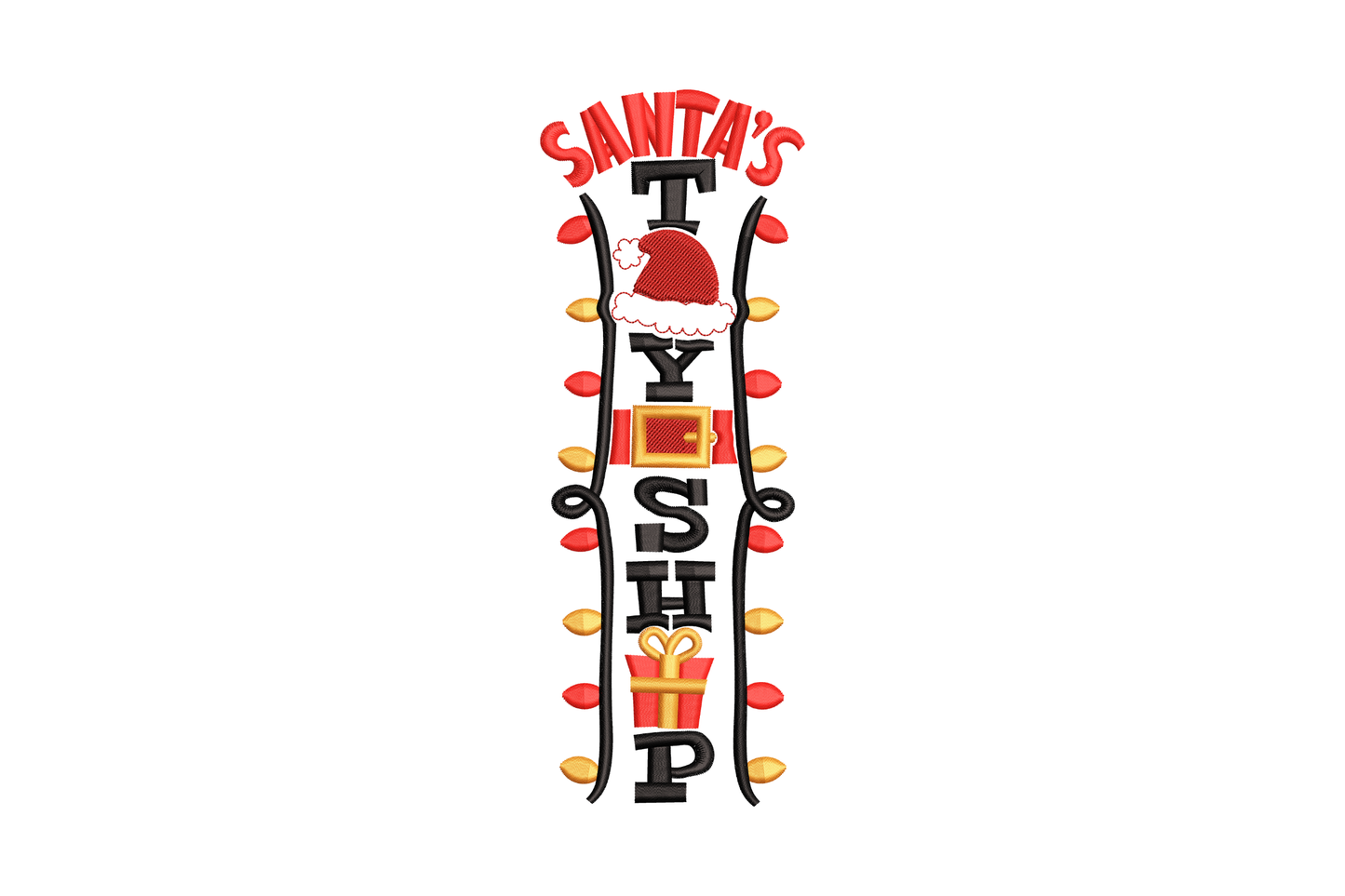 Vertical Santa's Toy Shop embroidery design with satin arc SANTA'S lettering, santa hat on the T, orange gift box centre, stacked TOY SHOP text, and tall curving bracket borders with dot accents in red, orange and black